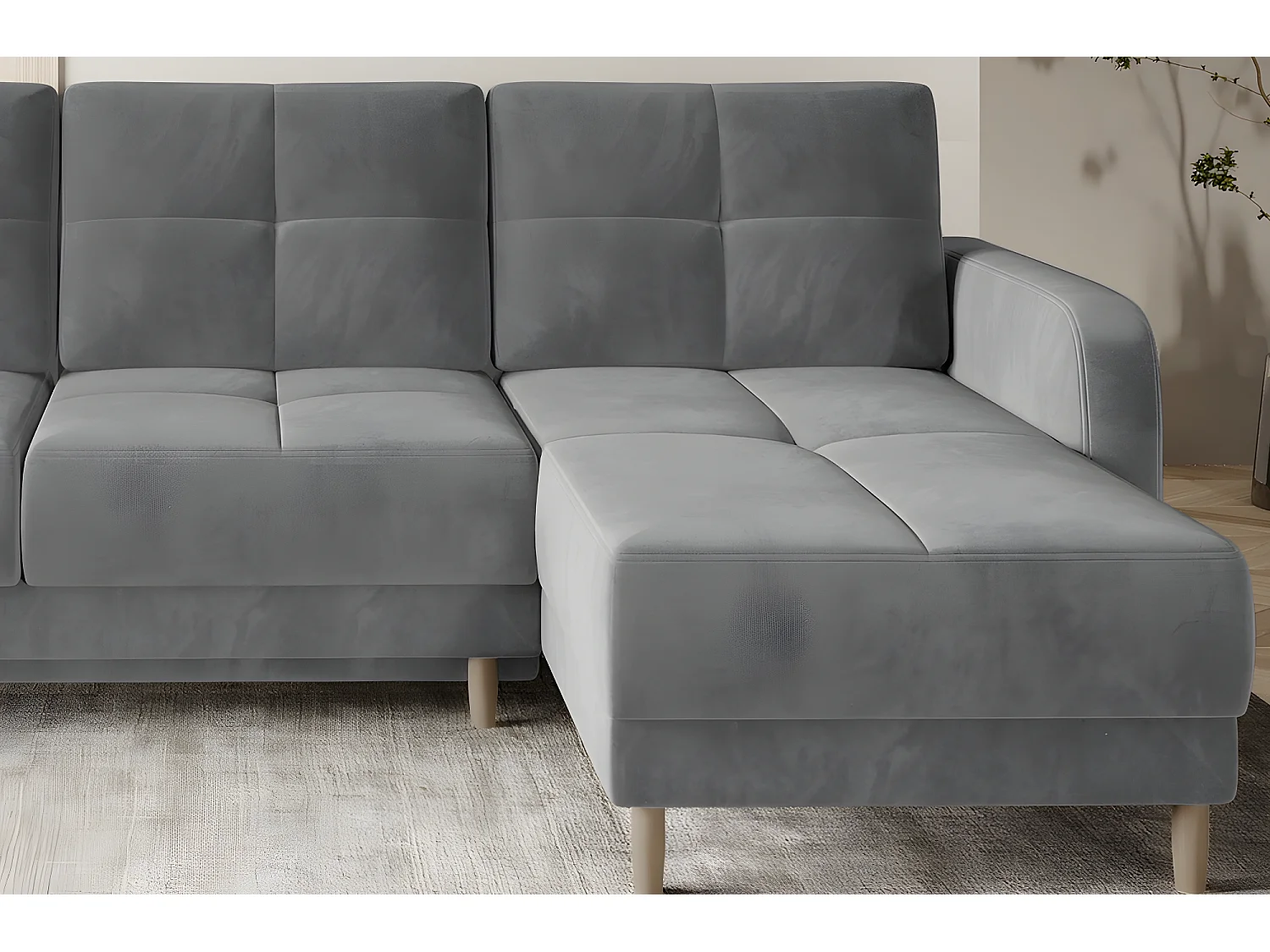 Canapé d'angle convertible en tissu velours luxe, rangement - gris, angle droit(vu de face), ROXANE VELOURS