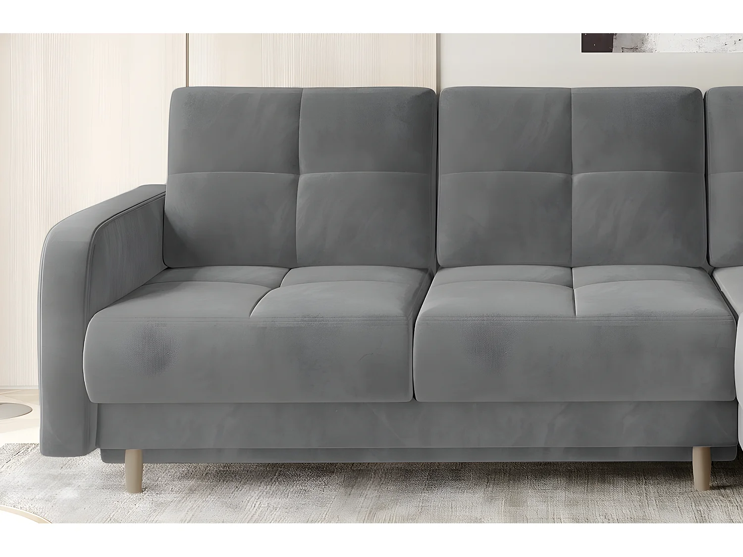 Canapé d'angle convertible en tissu velours luxe, rangement - gris, angle droit(vu de face), ROXANE VELOURS