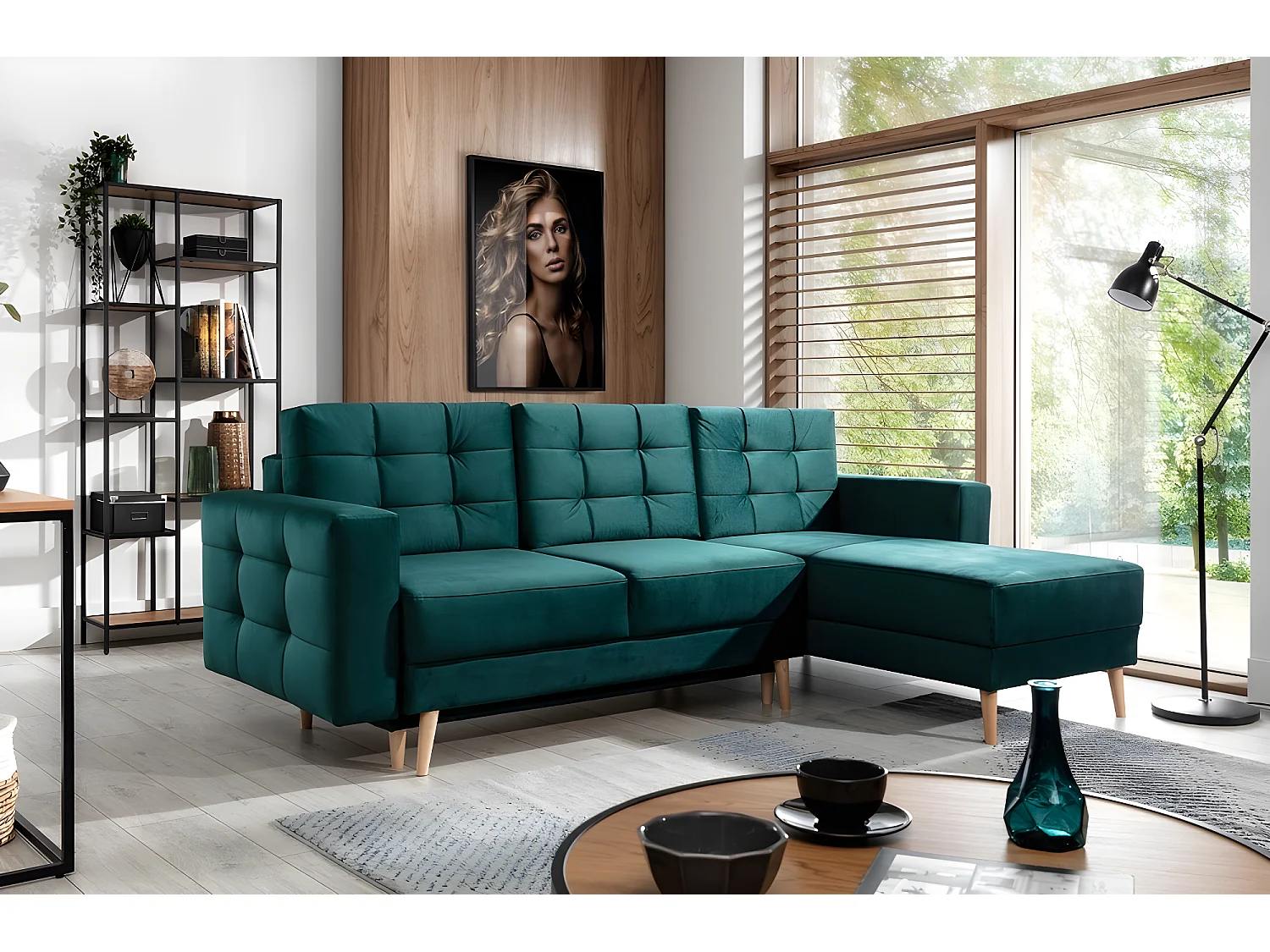 Canapé d'angle convertible ASSIA VELOURS - en tissu de qualité 5 places, vert, angle droit (vu de face)