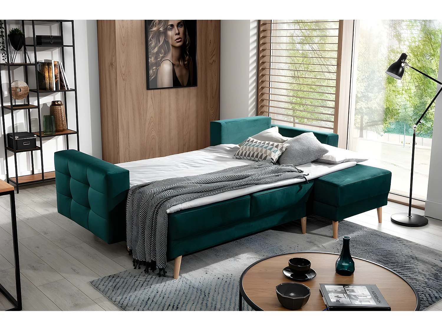 Canapé d'angle convertible ASSIA VELOURS - en tissu de qualité 5 places, vert, angle droit (vu de face)