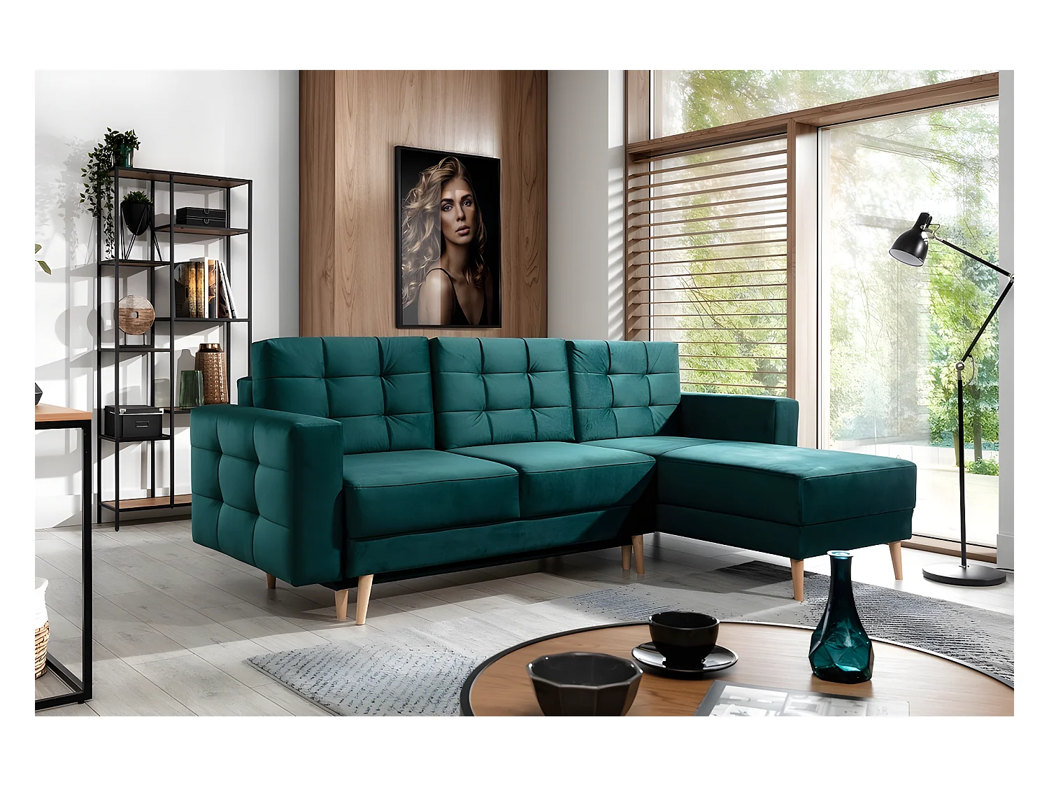 Canapé d'angle convertible ASSIA VELOURS - en tissu de qualité 5 places, vert, angle droit (vu de face)