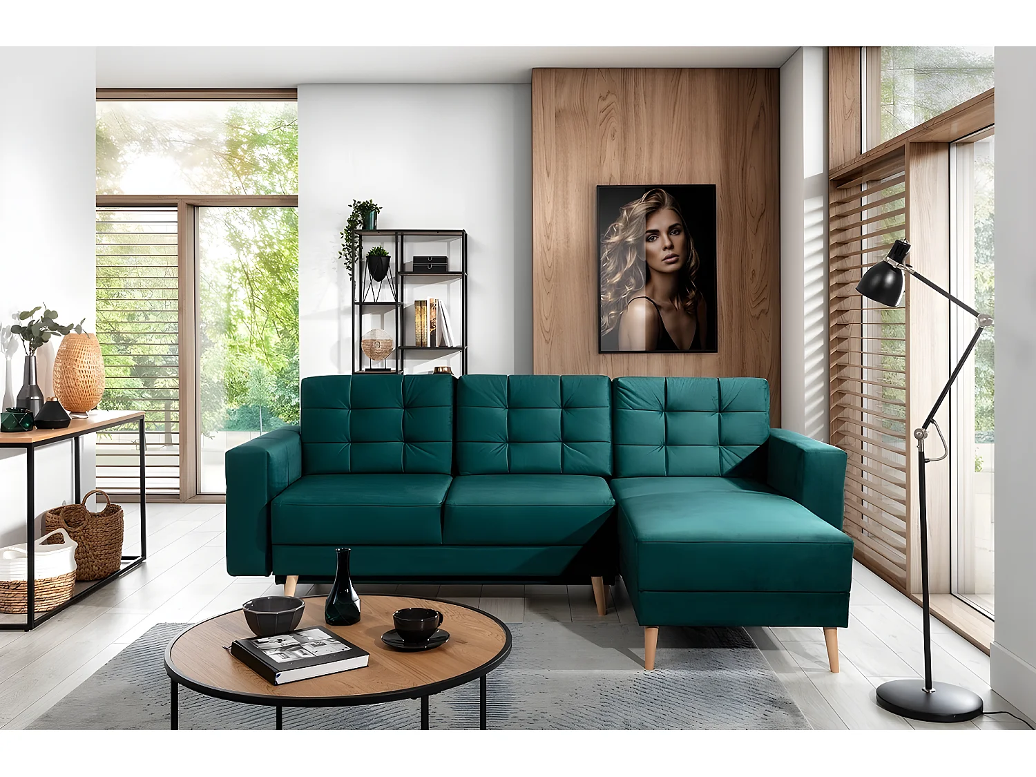 Canapé d'angle convertible ASSIA VELOURS - en tissu de qualité 5 places, vert, angle droit (vu de face)