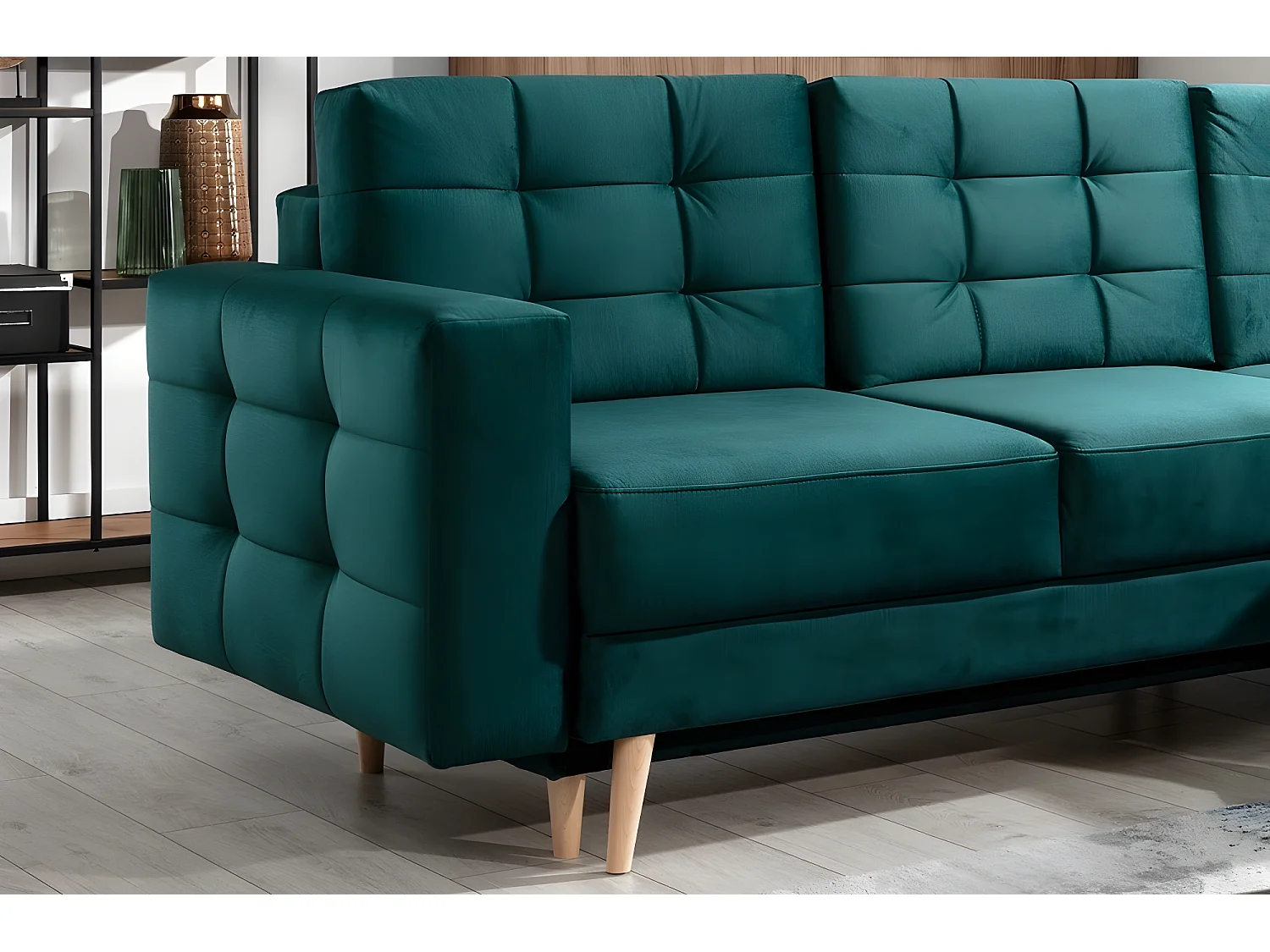 Canapé d'angle convertible ASSIA VELOURS - en tissu de qualité 5 places, vert, angle droit (vu de face)