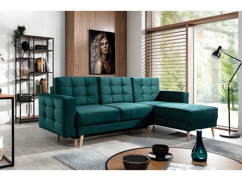 Canapé d'angle convertible ASSIA VELOURS - en tissu de qualité 5 places, vert, angle droit (vu de face)