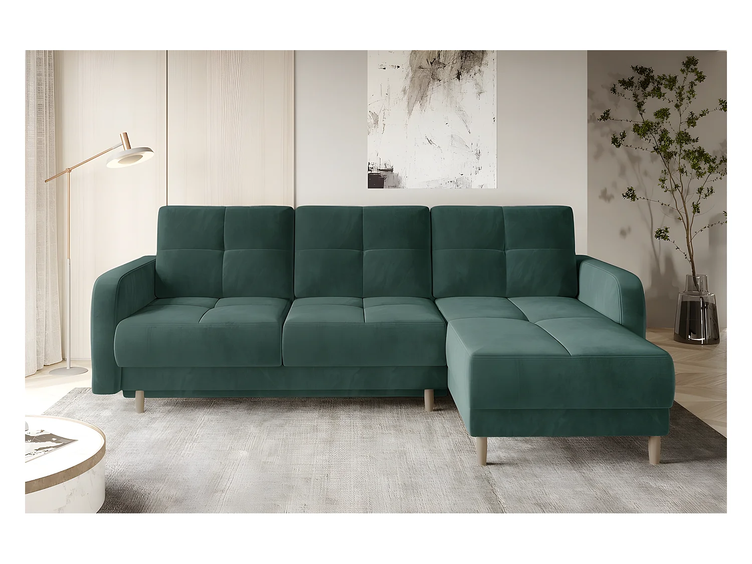Canapé d'angle convertible en tissu velours luxe, rangement - vert foncé, angle droit (vu de face), ROXANE VELOURS