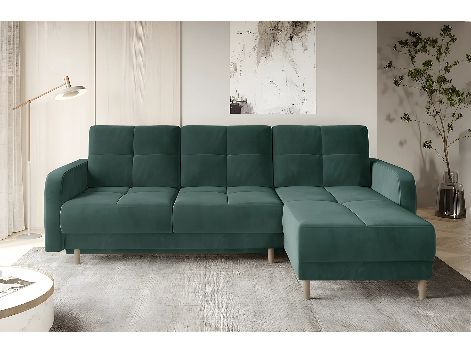 Canapé d'angle convertible en tissu velours luxe, rangement - vert foncé, angle droit (vu de face), ROXANE VELOURS