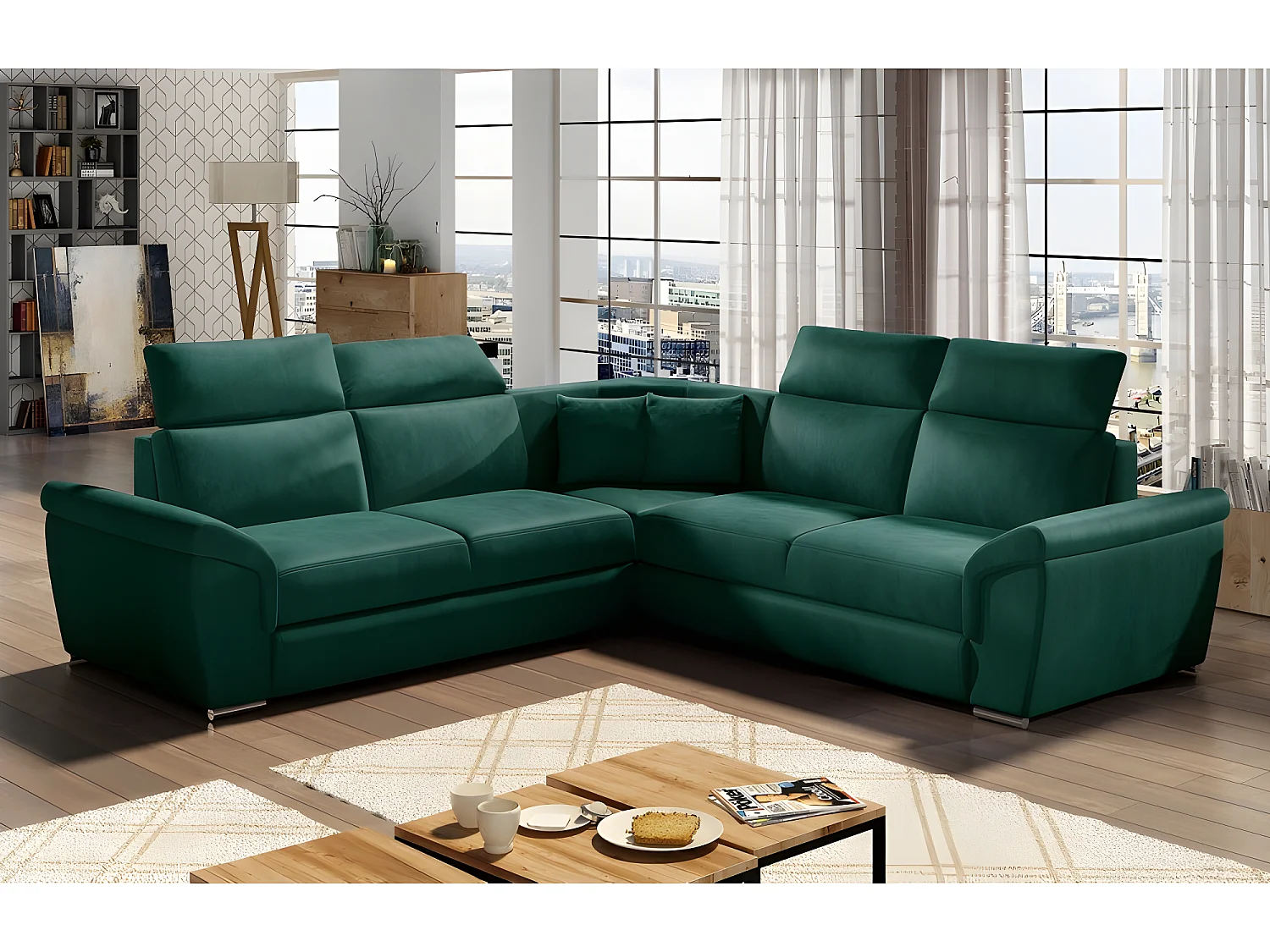 Canapé d'angle - convertible - FELIPE VELOURS - en tissu luxe vert, 5/6 places