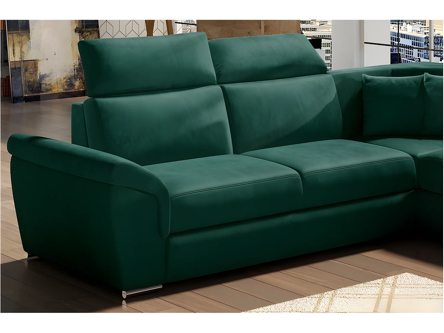 Canapé d'angle - convertible - FELIPE VELOURS - en tissu luxe vert, 5/6 places