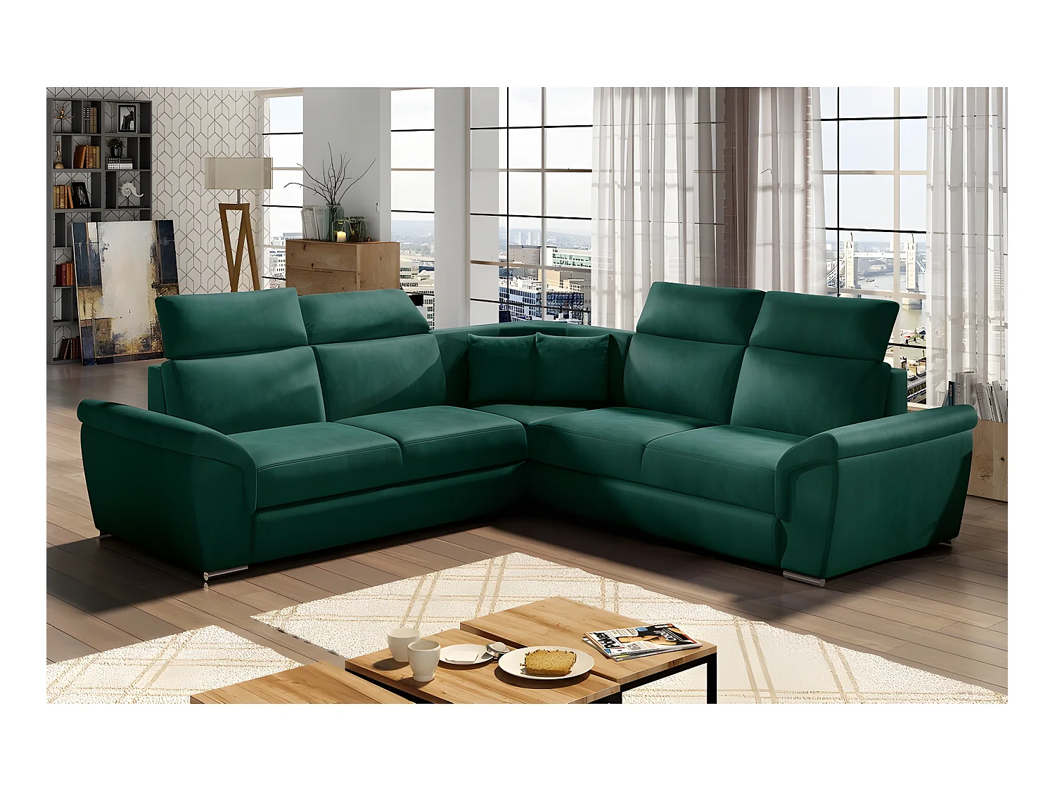 Canapé d'angle - convertible - FELIPE VELOURS - en tissu luxe vert, 5/6 places
