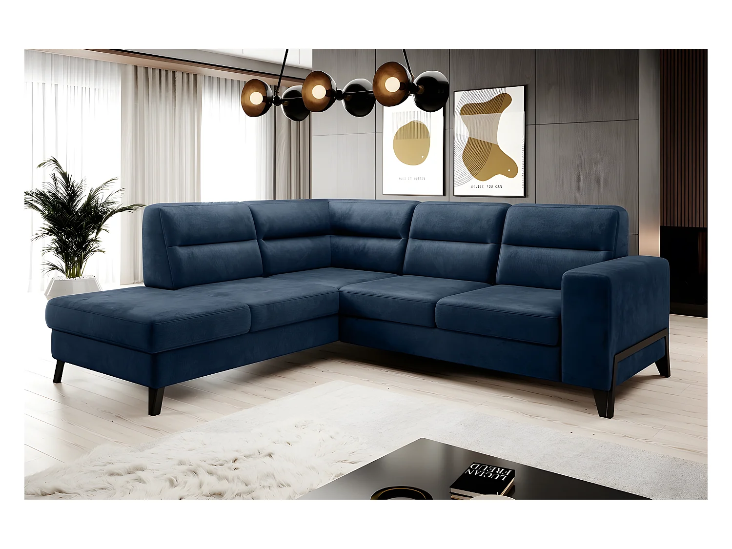 Canapé d'angle convertible - CASTA VELOURS - en tissu Luxe, BLEU, 5/6 places, angle gauche (vu de face)