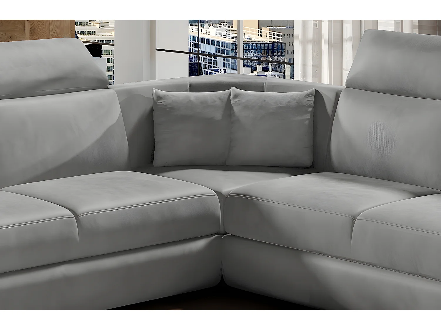 Canapé d'angle convertible - FELIPE VELOURS - en tissu luxe gris clair, 5/6 places