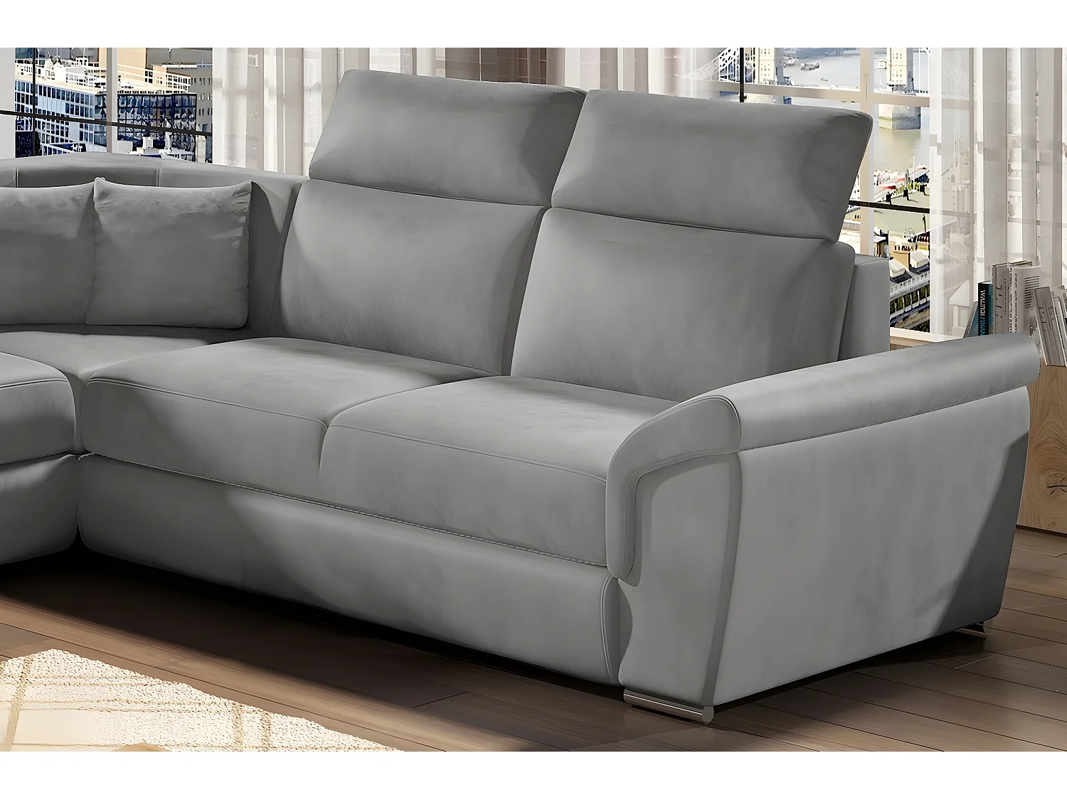 Canapé d'angle convertible - FELIPE VELOURS - en tissu luxe gris clair, 5/6 places