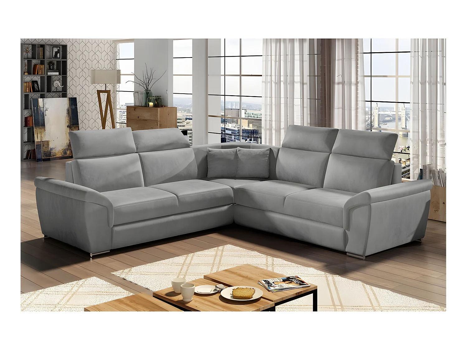 Canapé d'angle convertible - FELIPE VELOURS - en tissu luxe gris clair, 5/6 places