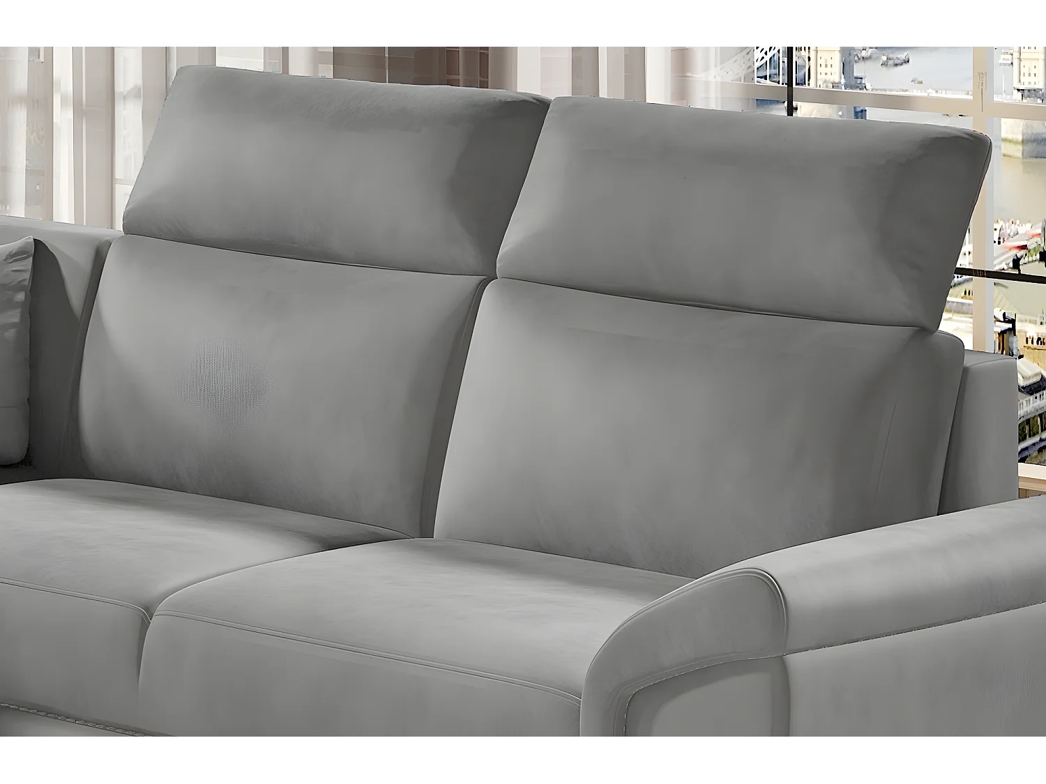 Canapé d'angle convertible - FELIPE VELOURS - en tissu luxe gris clair, 5/6 places