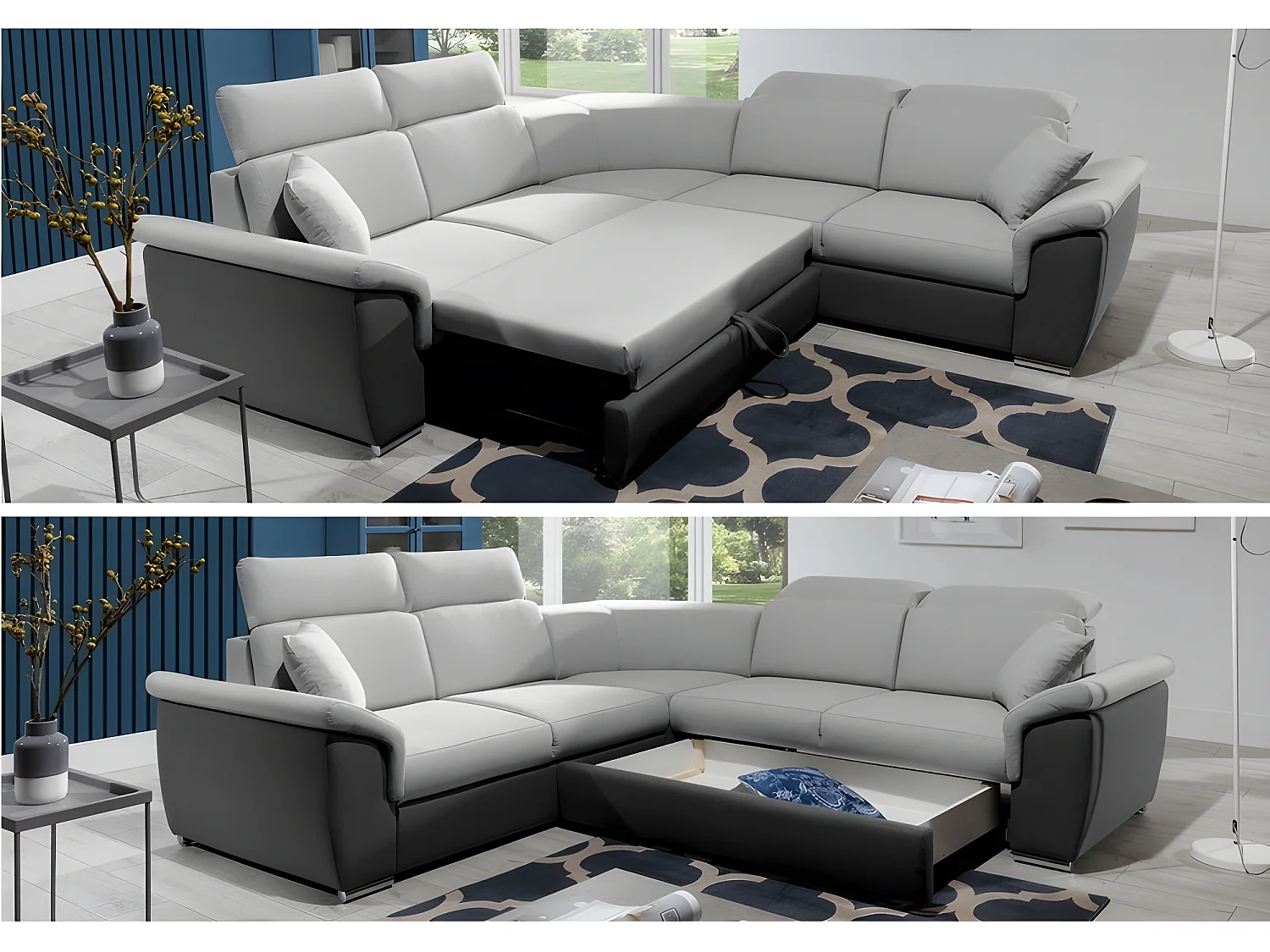 Canapé d'angle convertible - FELIPE VELOURS - en tissu luxe gris clair, 5/6 places