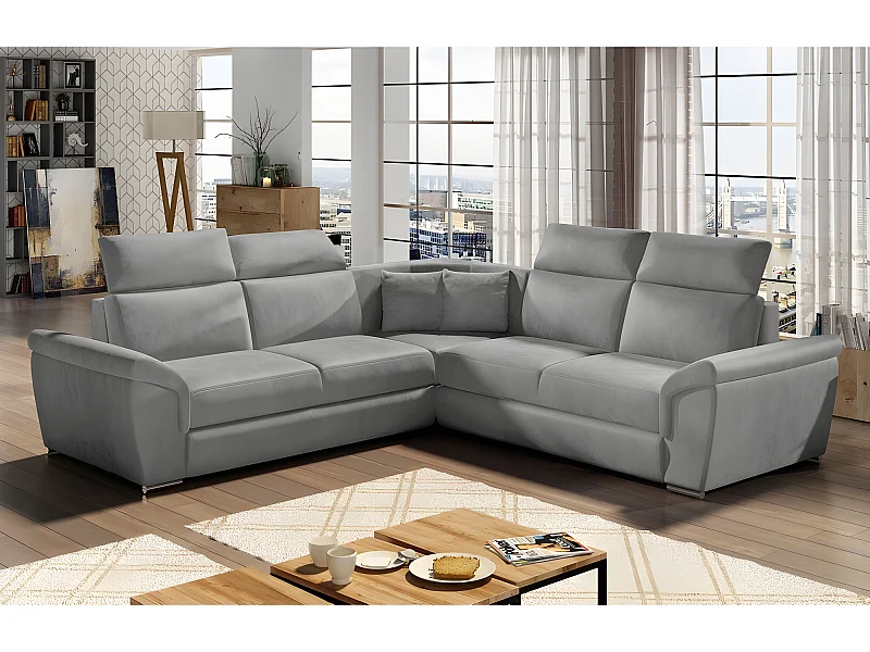 Canapé d'angle convertible - FELIPE VELOURS - en tissu luxe gris clair, 5/6 places