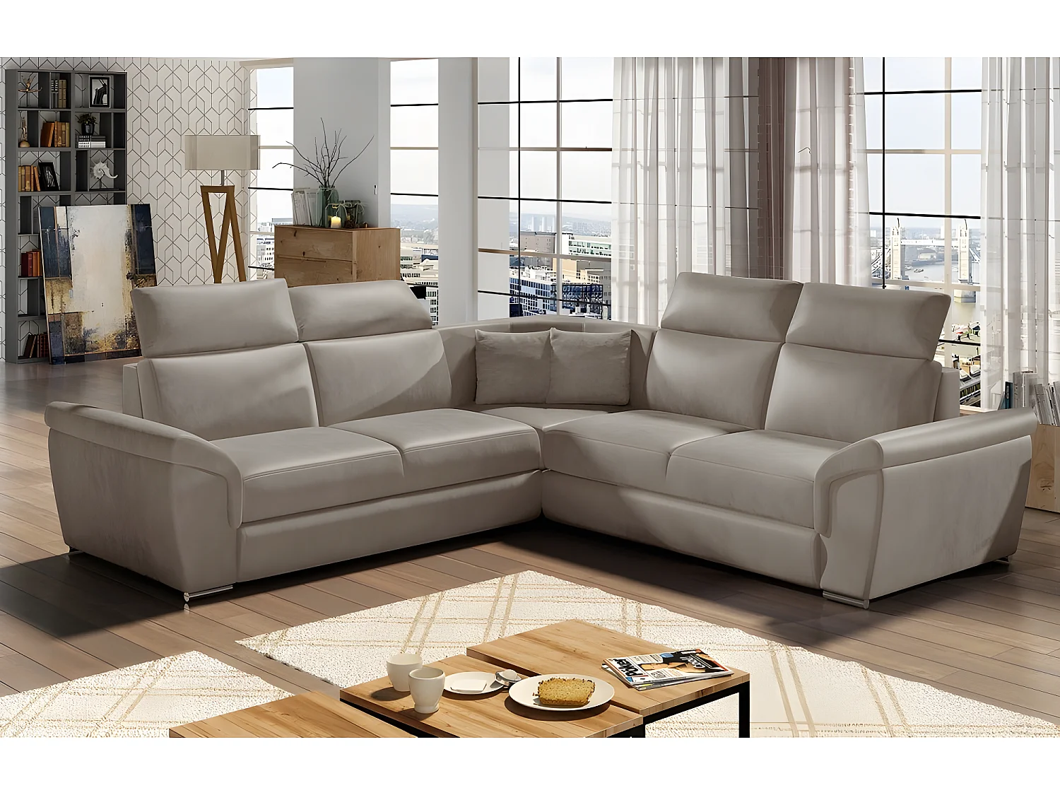 Canapé d'angle - convertible - FELIPE VELOURS - en tissu luxe beige, 5/6 places