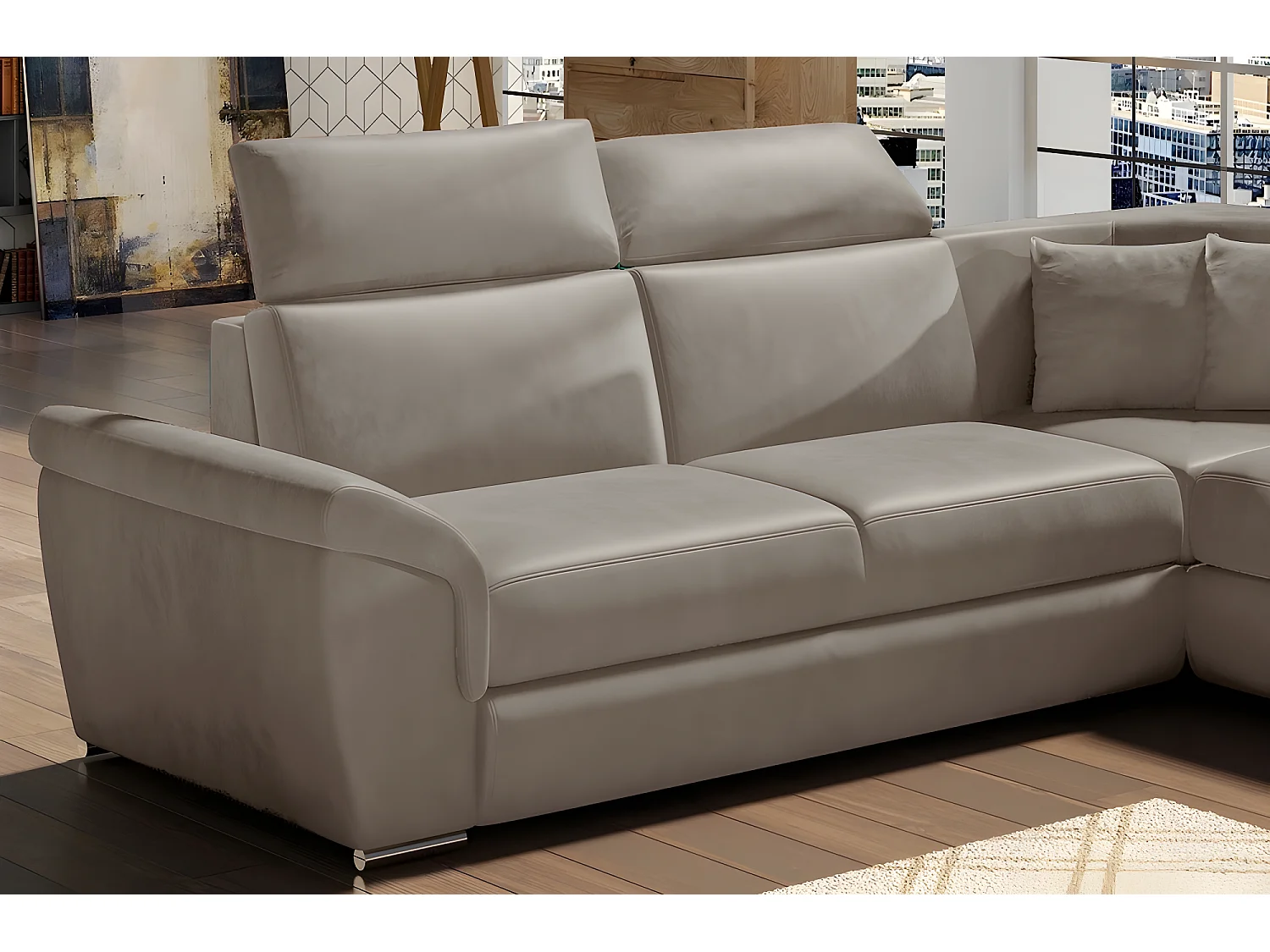 Canapé d'angle - convertible - FELIPE VELOURS - en tissu luxe beige, 5/6 places