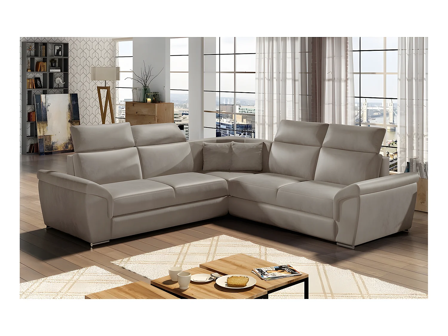 Hoekbank van luxe beige FELIPE VELOURS stof met uitschuifbare opberglade en verstelbare hoofdsteunen