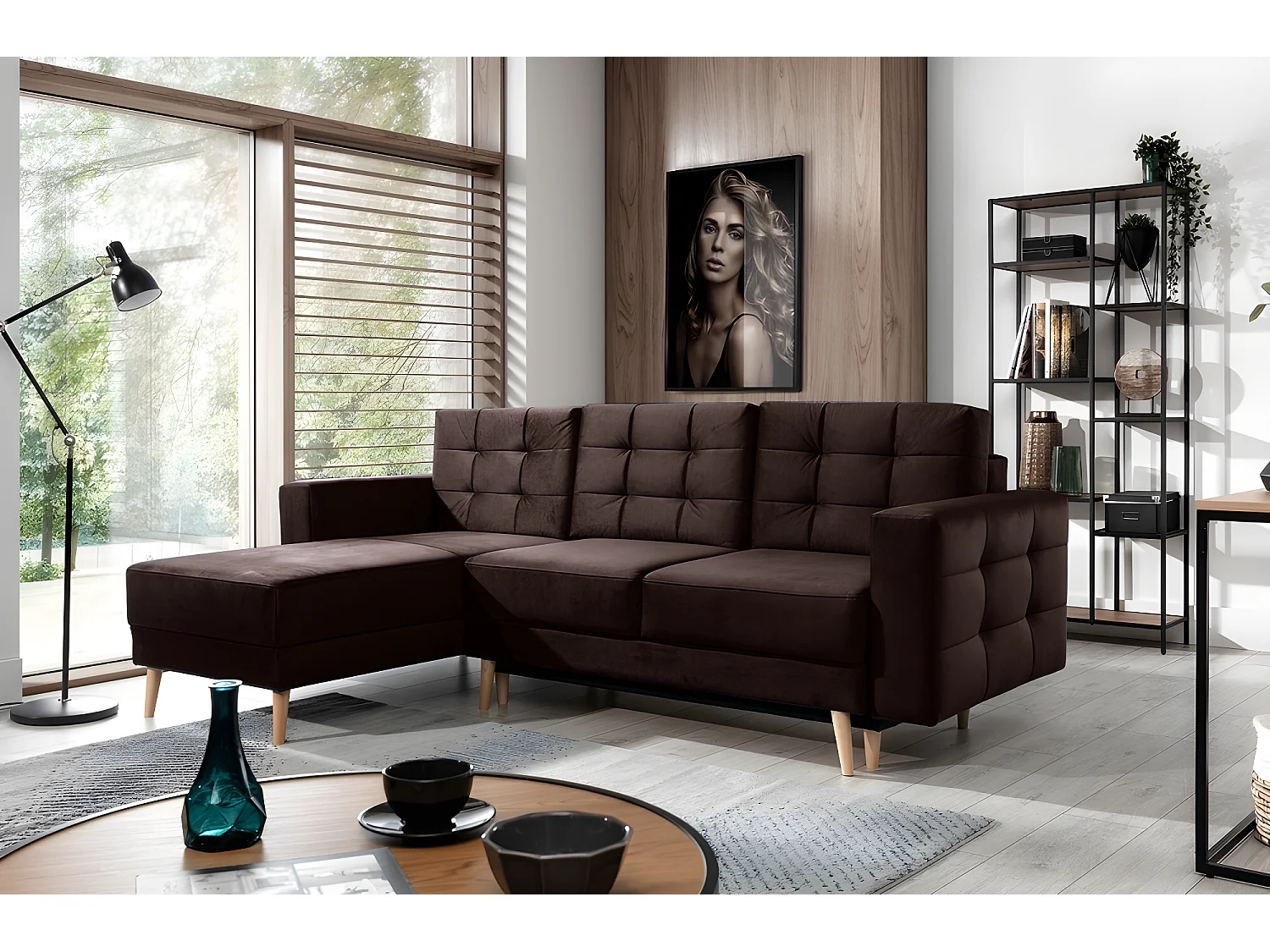 Canapé d'angle convertible ASSIA VELOURS - en tissu de qualité 5 places, marron foncé, angle gauche (vu de face)