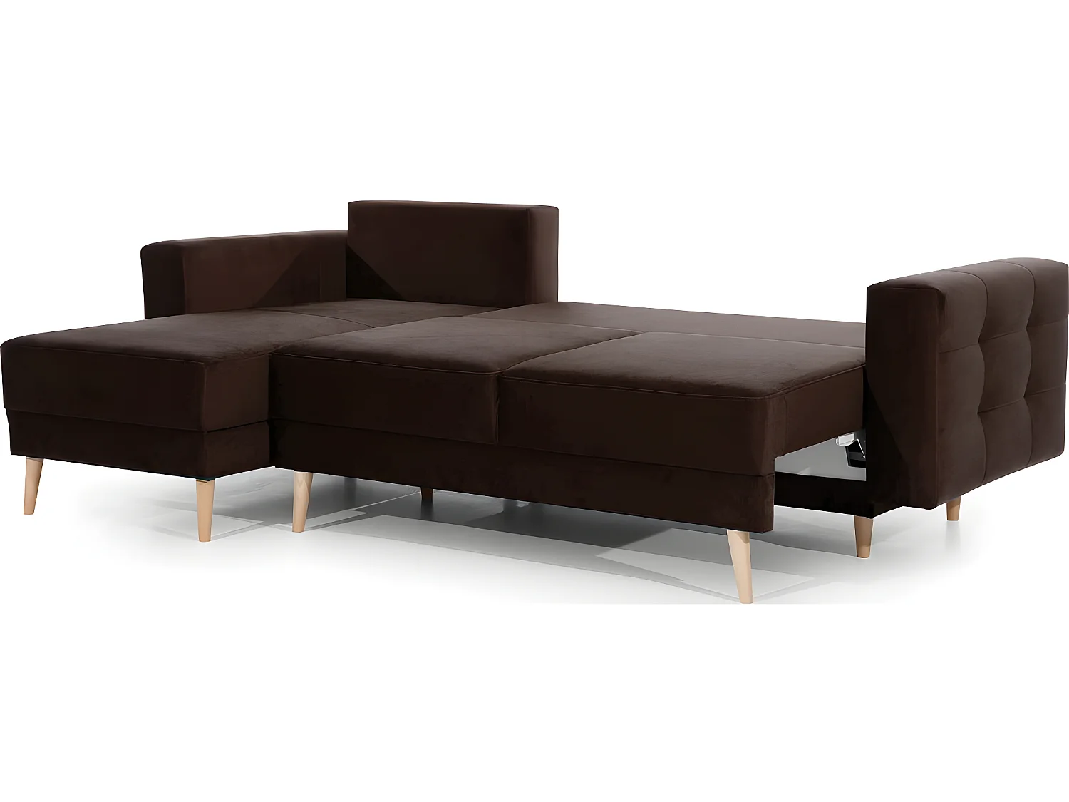 Canapé d'angle convertible ASSIA VELOURS - en tissu de qualité 5 places, marron foncé, angle gauche (vu de face)