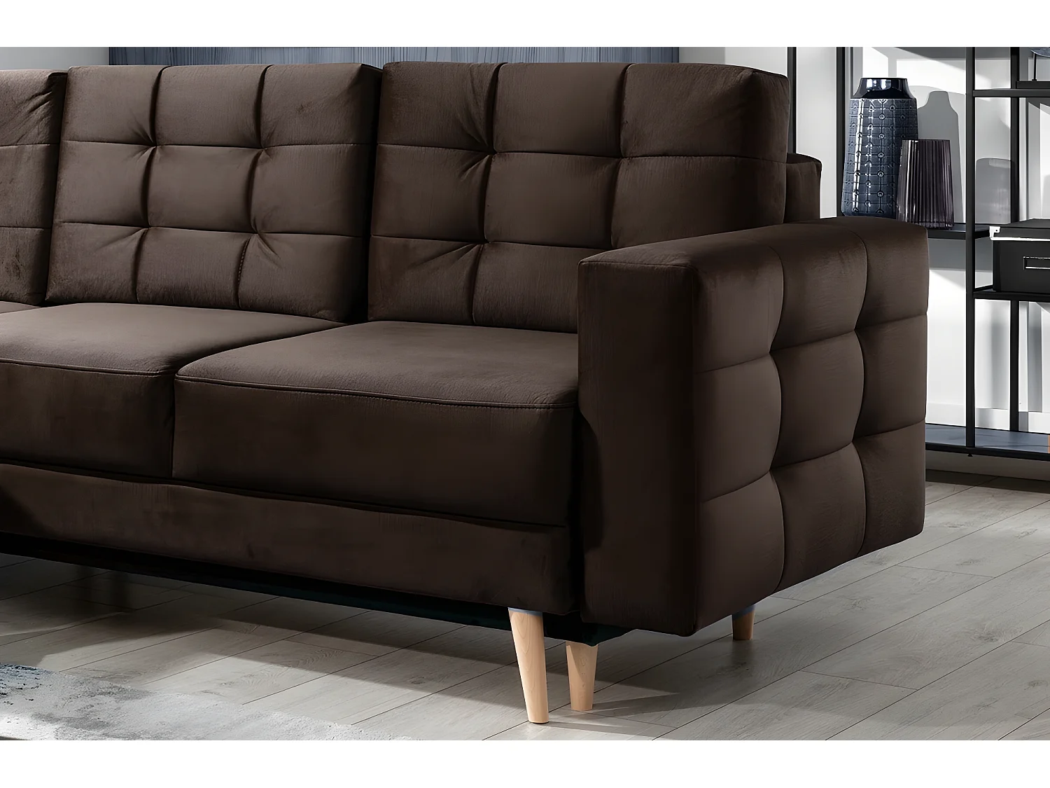 Canapé d'angle convertible ASSIA VELOURS - en tissu de qualité 5 places, marron foncé, angle gauche (vu de face)