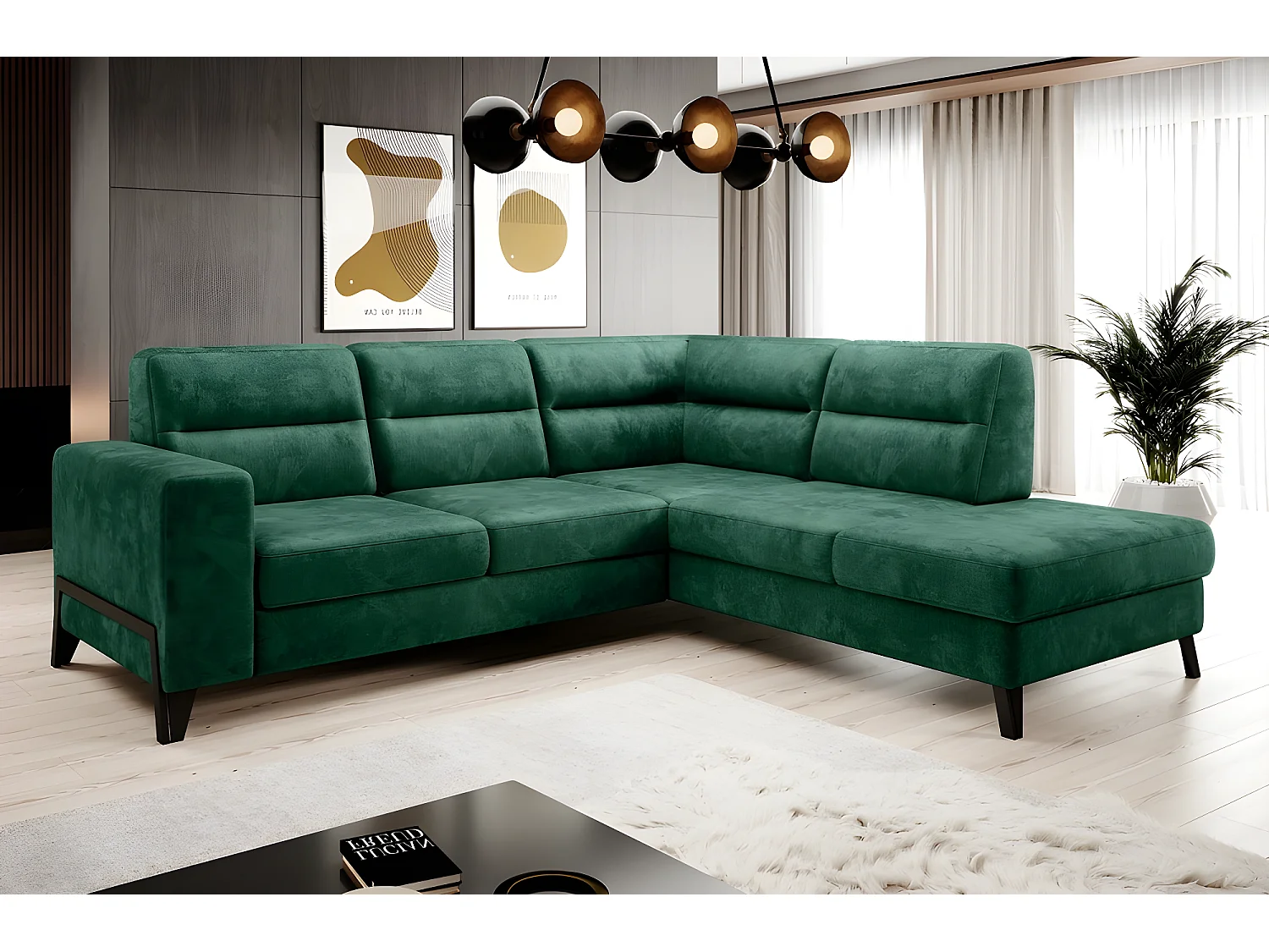 Canapé d'angle convertible - CASTA VELOURS - en tissu Luxe, vert, 5/6 places, angle droit (vu de face)