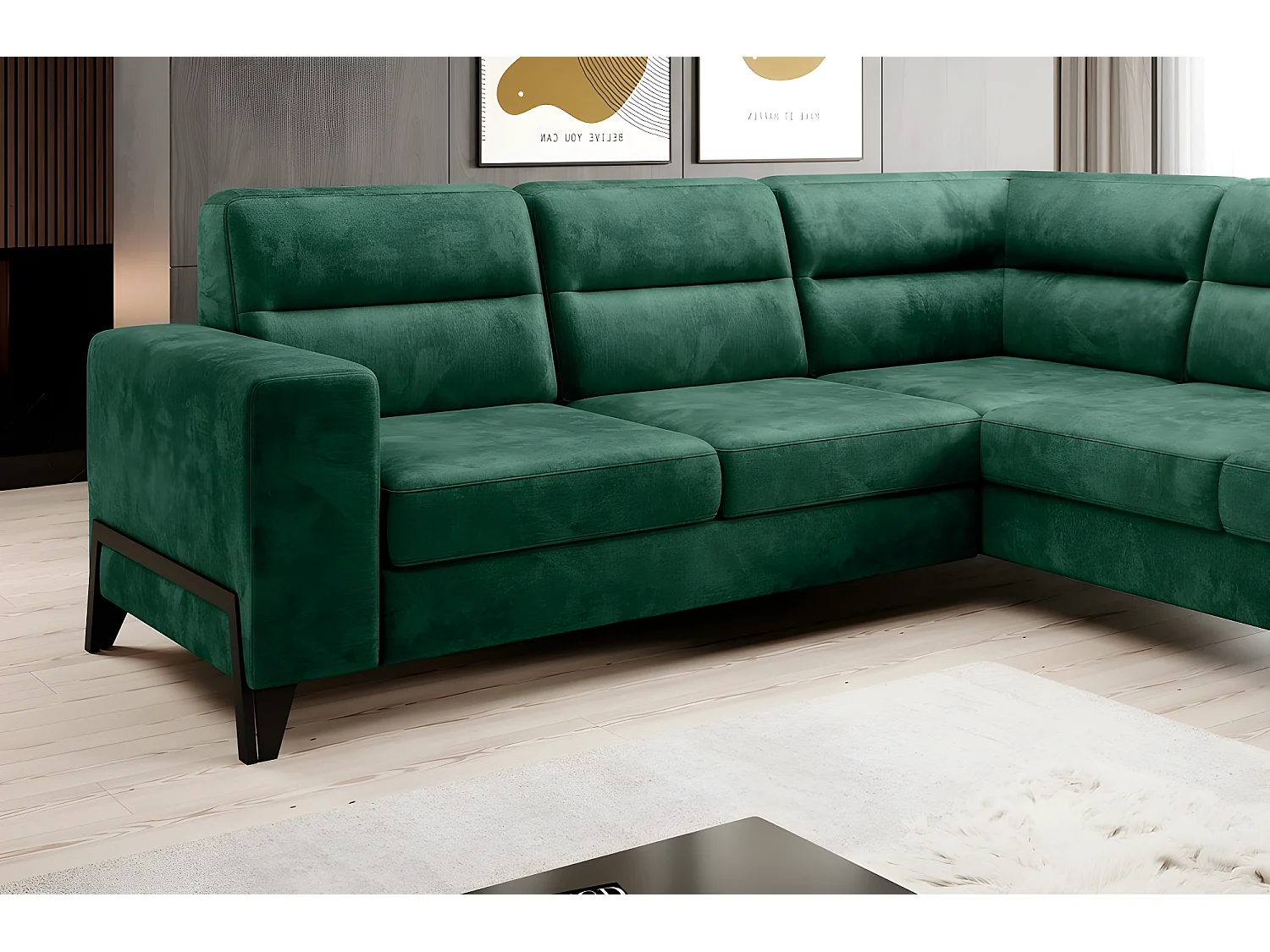 Canapé d'angle convertible - CASTA VELOURS - en tissu Luxe, vert, 5/6 places, angle droit (vu de face)