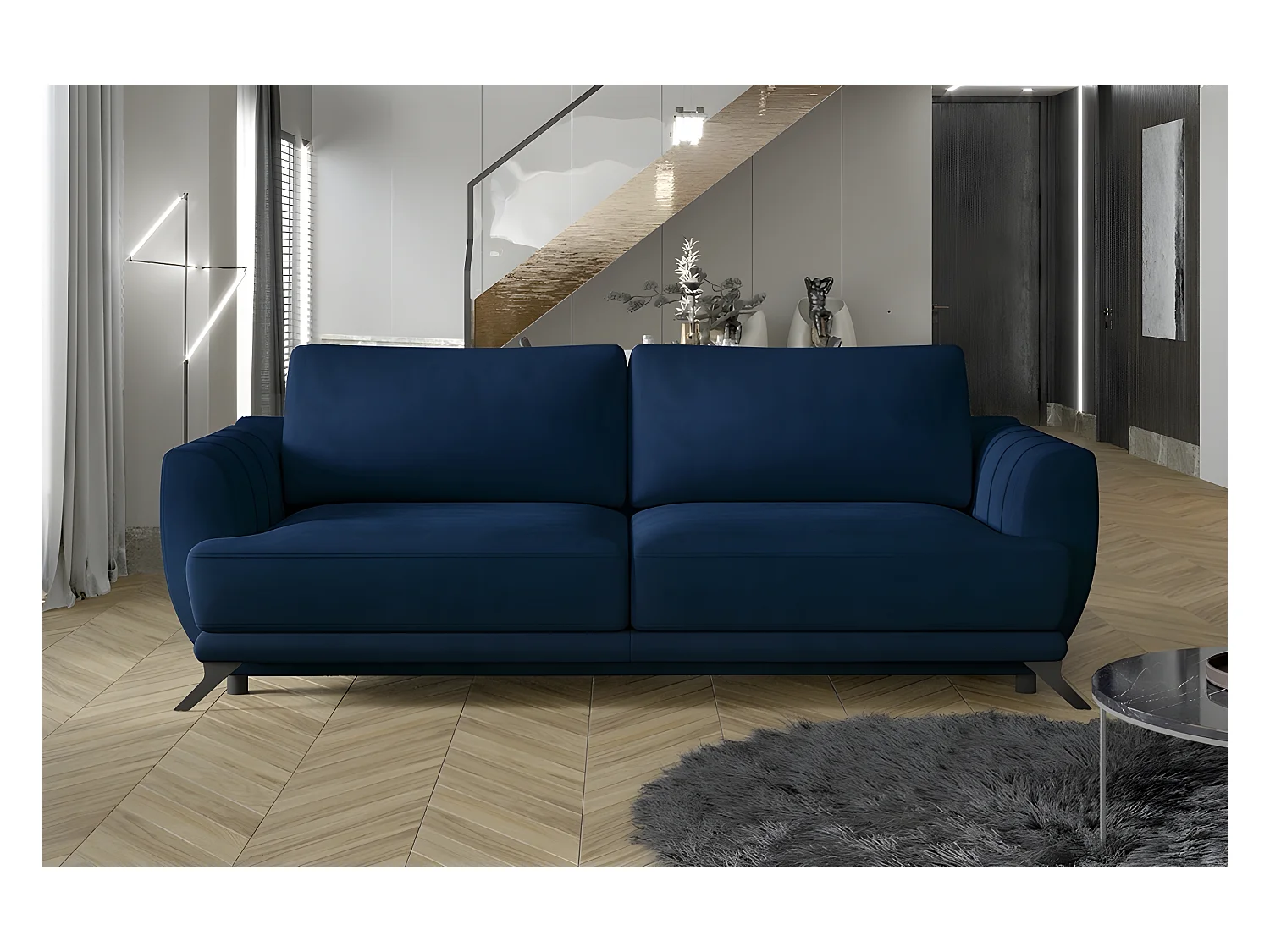 Canapé 3/4 places convertible - bleu foncé - en tissu velours de qualité luxe, MEGANE