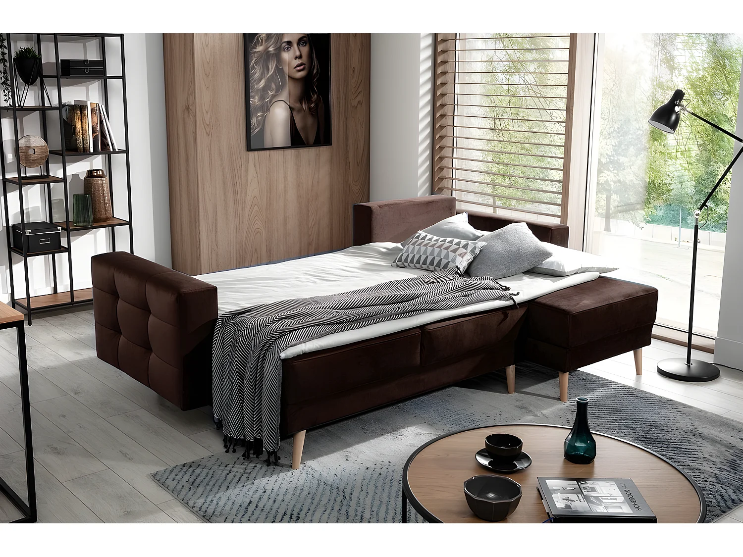 Canapé d'angle convertible ASSIA VELOURS - en tissu de qualité 5 places, marron foncé, angle droit (vu de face)