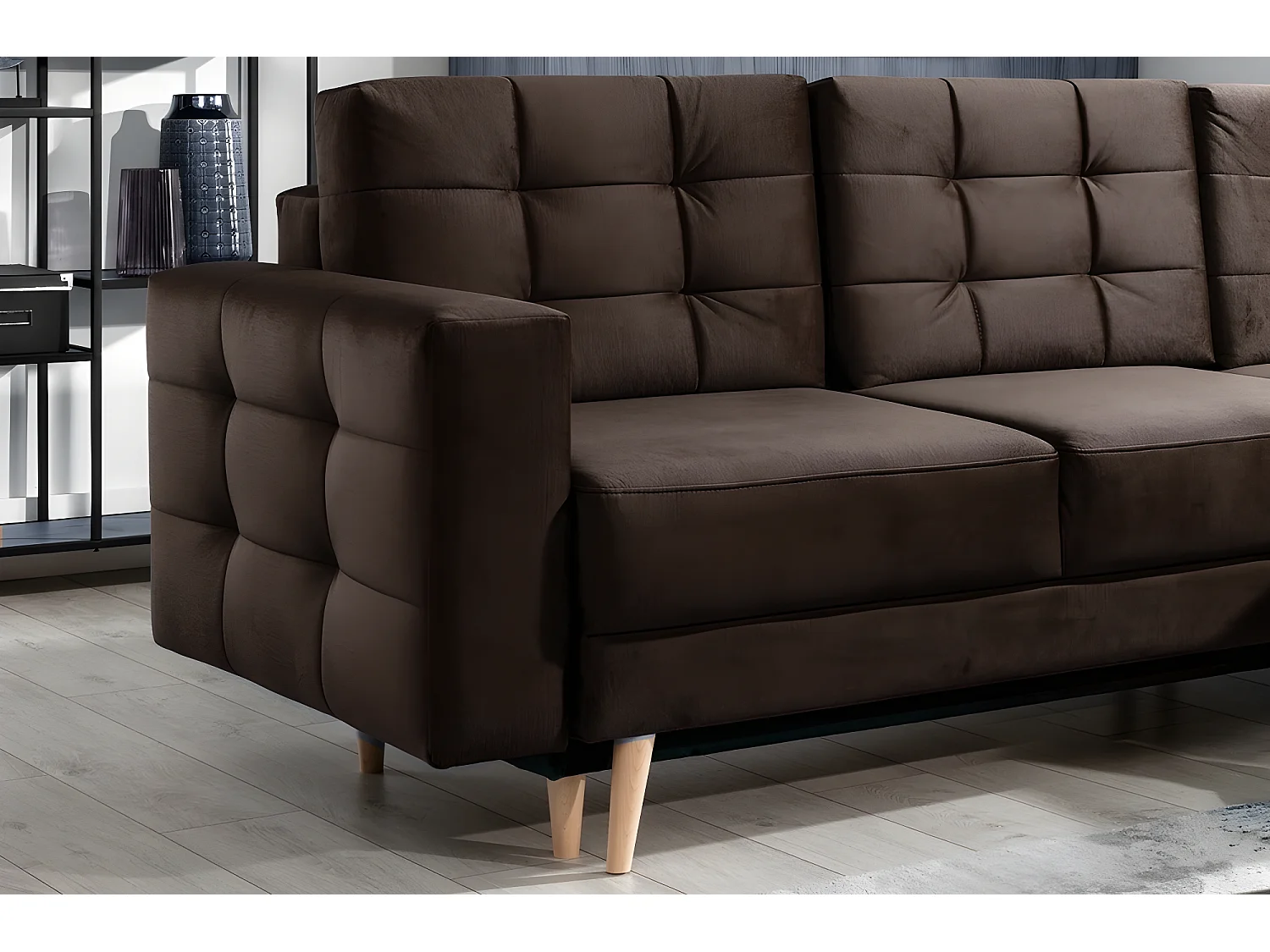 Canapé d'angle convertible ASSIA VELOURS - en tissu de qualité 5 places, marron foncé, angle droit (vu de face)