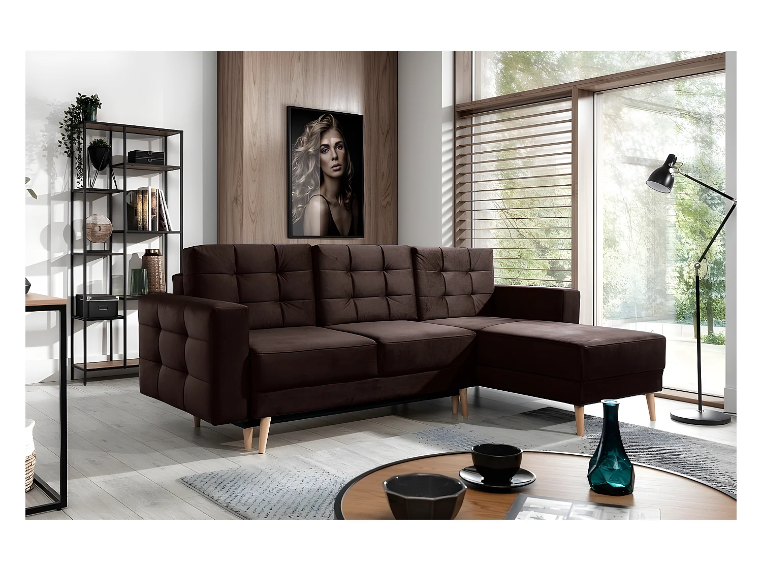 Canapé d'angle convertible ASSIA VELOURS - en tissu de qualité 5 places, marron foncé, angle droit (vu de face)