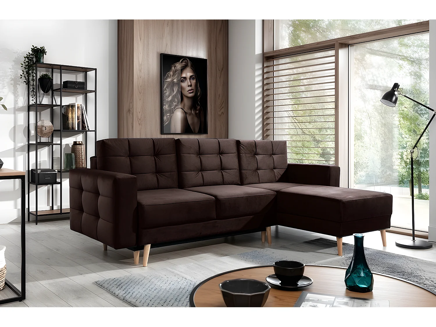 Canapé d'angle convertible ASSIA VELOURS - en tissu de qualité 5 places, marron foncé, angle droit (vu de face)