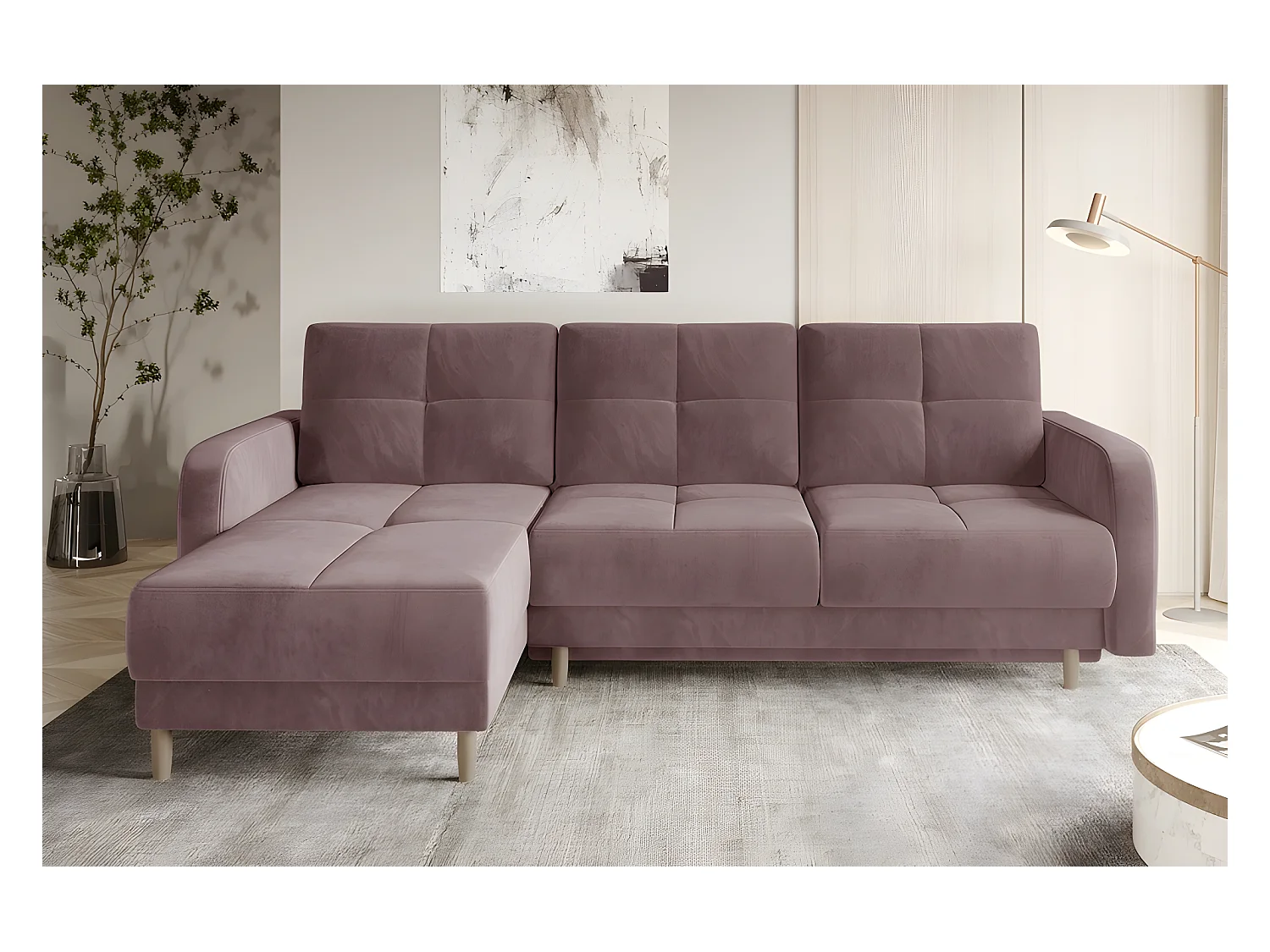 Canapé d'angle convertible en tissu velours luxe, rangement - rose pale, angle gauche (vu de face), ROXANE VELOURS