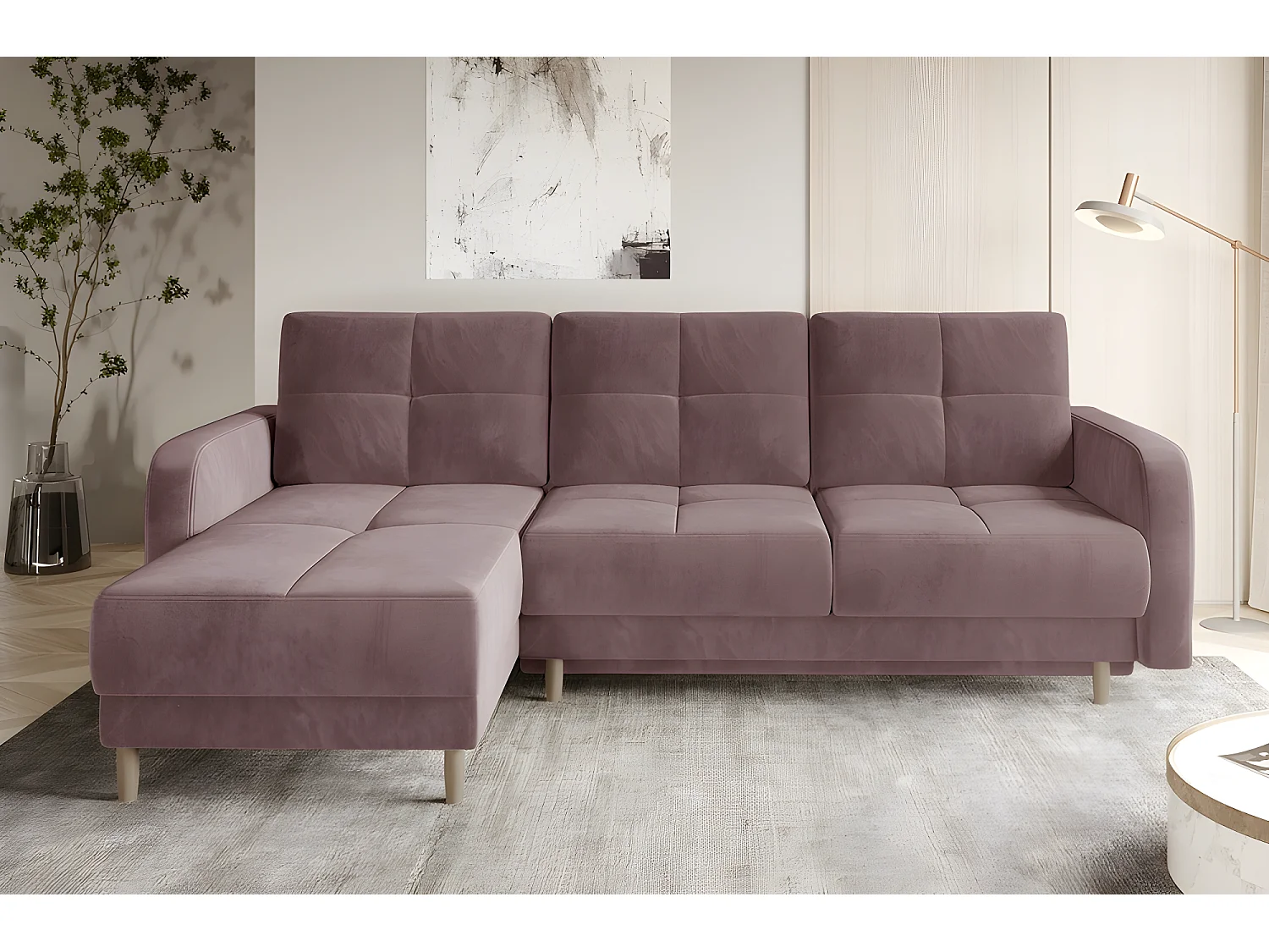 Canapé d'angle convertible en tissu velours luxe, rangement - rose pale, angle gauche (vu de face), ROXANE VELOURS
