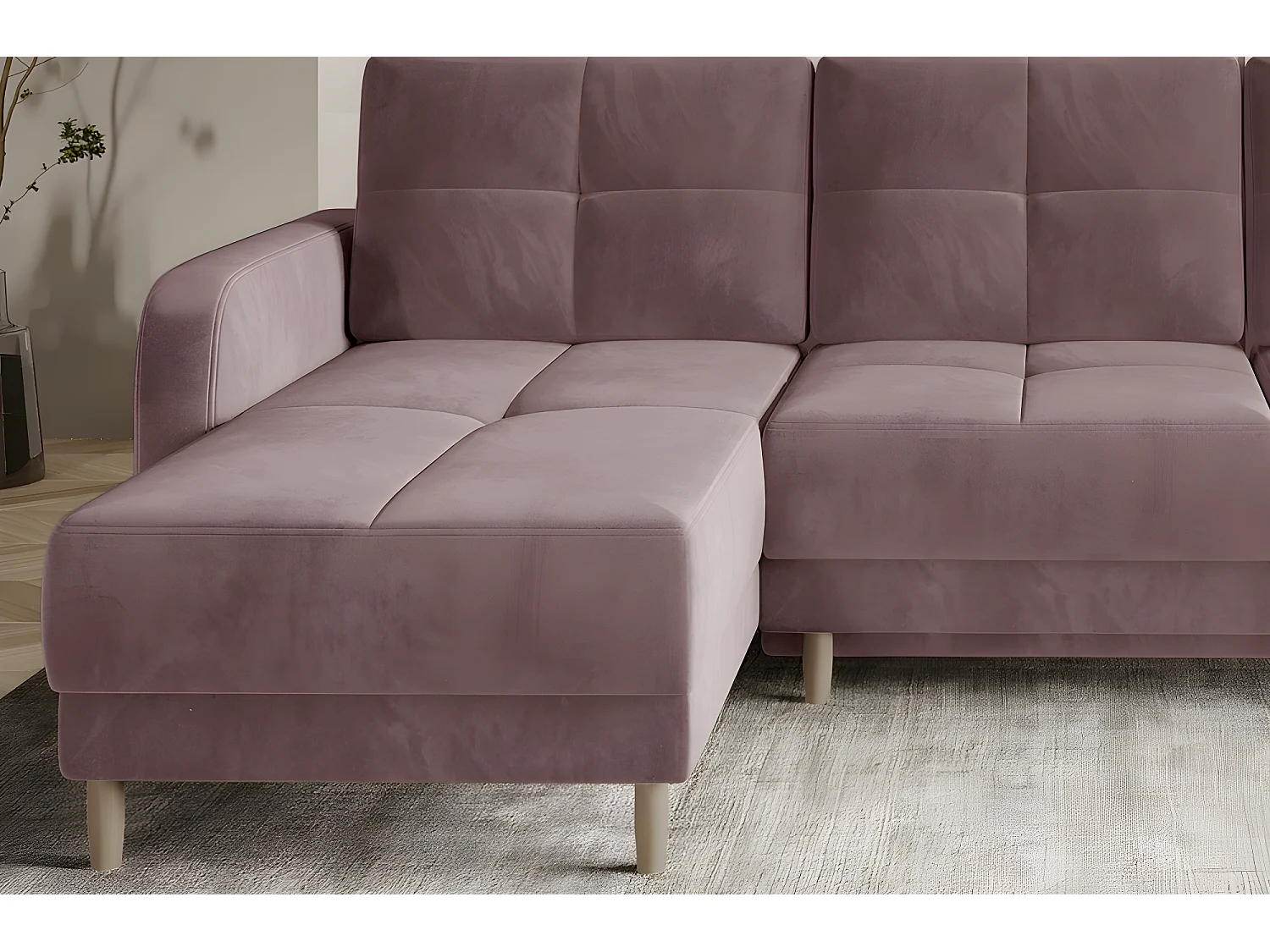 Canapé d'angle convertible en tissu velours luxe, rangement - rose pale, angle gauche (vu de face), ROXANE VELOURS