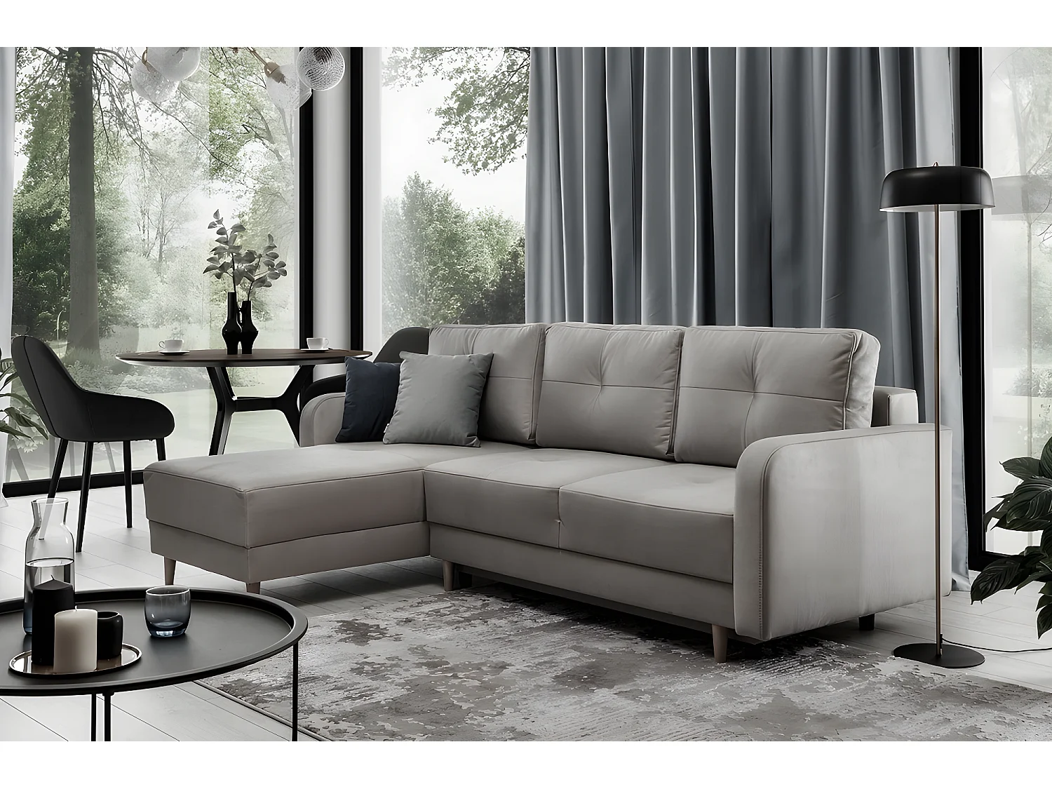 Canapé d'angle convertible en tissu velours luxe, rangement - rose pale, angle gauche (vu de face), ROXANE VELOURS