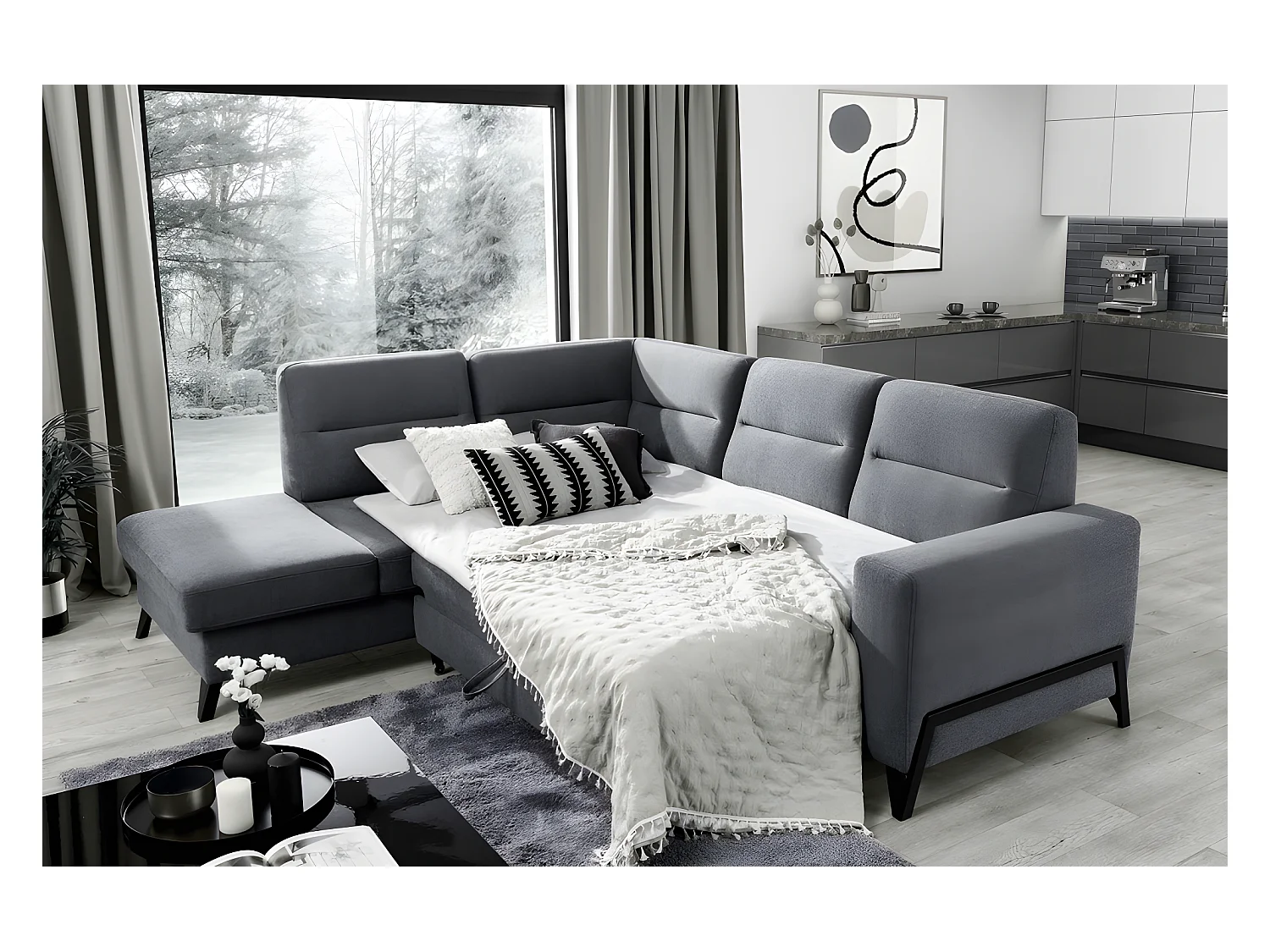 Canapé d'angle convertible - CASTA VELOURS - en tissu Luxe, VERT, 5/6 places, angle gauche (vu de face)