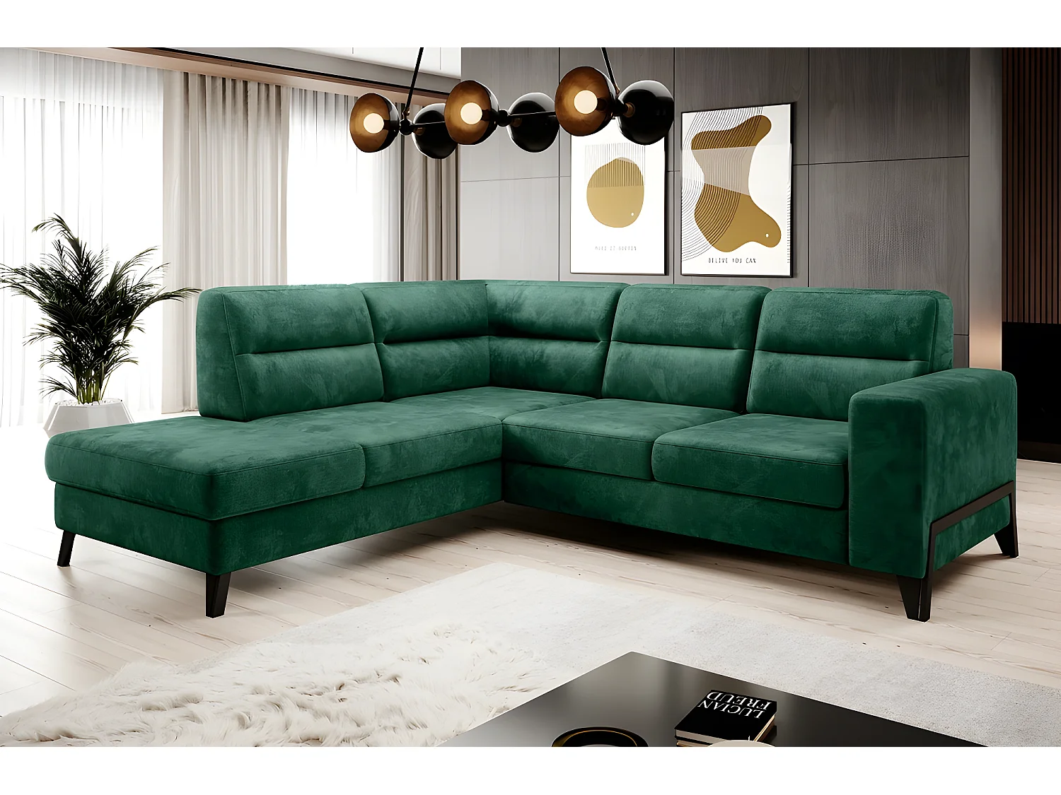 Canapé d'angle convertible - CASTA VELOURS - en tissu Luxe, VERT, 5/6 places, angle gauche (vu de face)