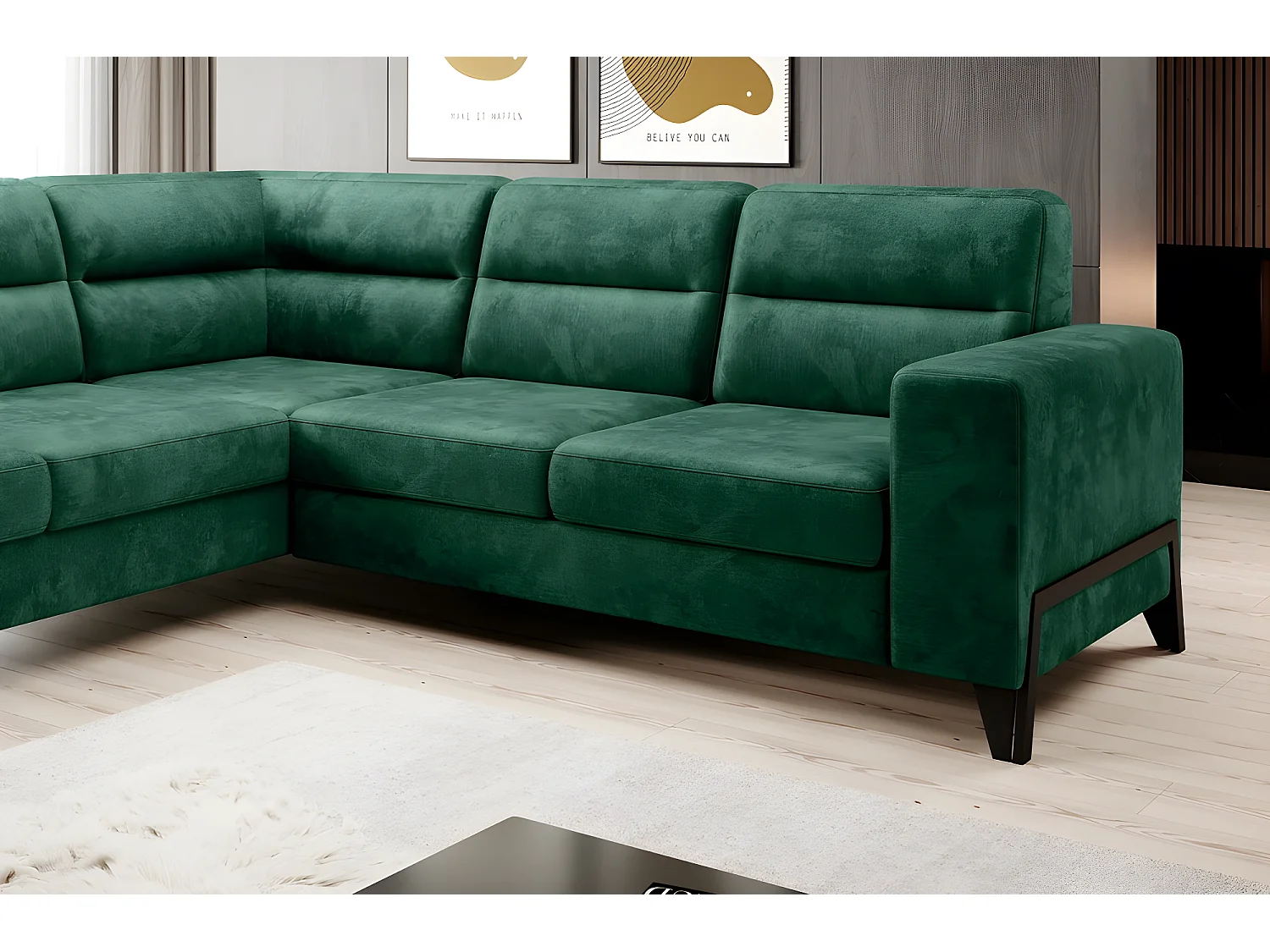 Canapé d'angle convertible - CASTA VELOURS - en tissu Luxe, VERT, 5/6 places, angle gauche (vu de face)