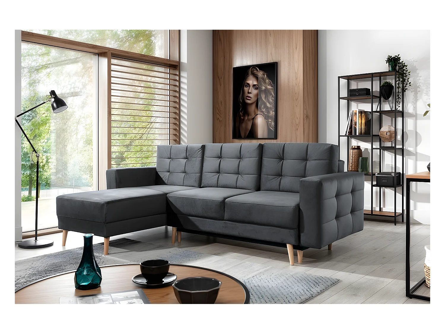 Canapé d'angle convertible ASSIA VELOURS - en tissu de qualité 5 places, gris anthracite, angle gauche (vu de face)