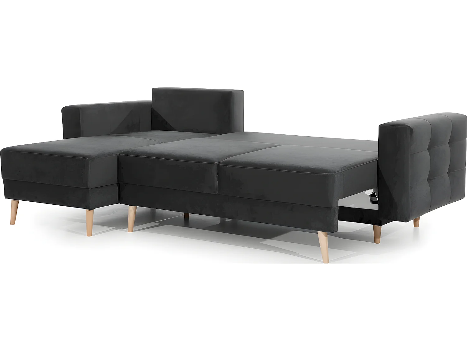 Canapé d'angle convertible ASSIA VELOURS - en tissu de qualité 5 places, gris anthracite, angle gauche (vu de face)