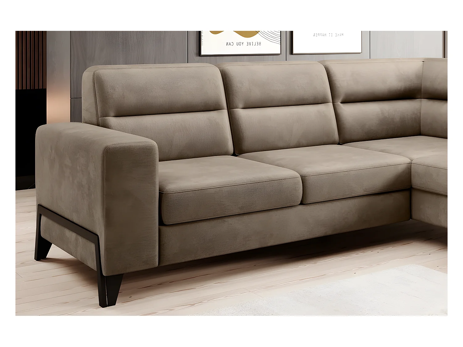 Canapé d'angle convertible - CASTA VELOURS - en tissu Luxe, beige, 5/6 places, angle droit (vu de face)