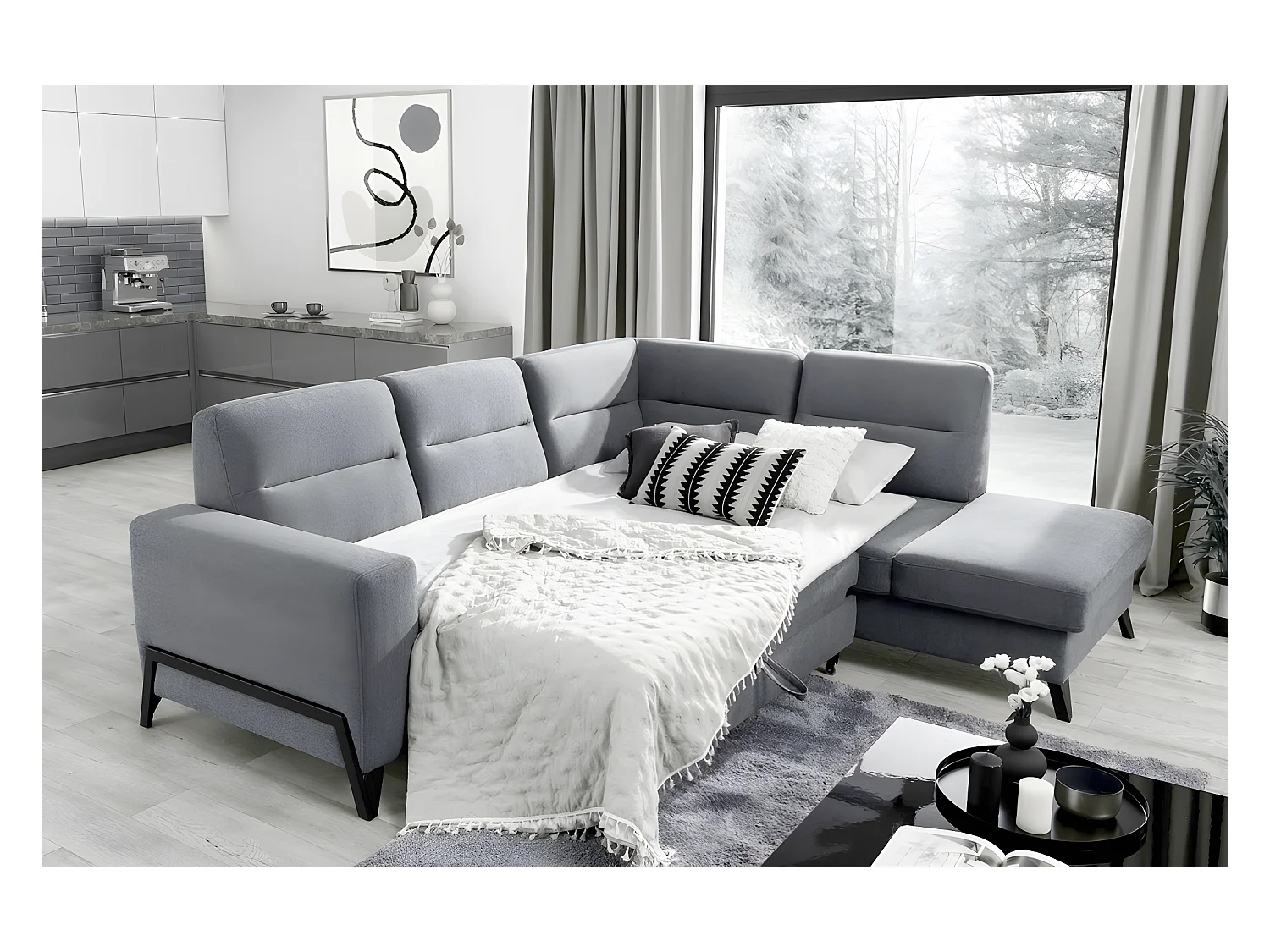 Canapé d'angle convertible - CASTA VELOURS - en tissu Luxe, beige, 5/6 places, angle droit (vu de face)