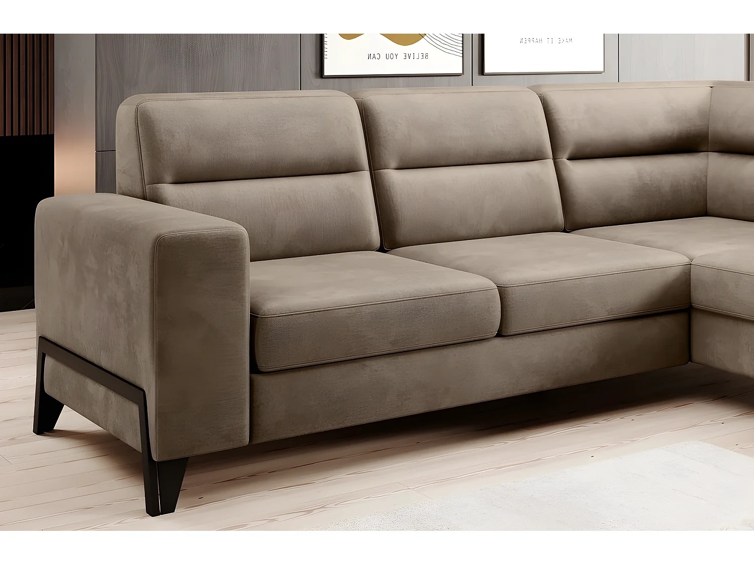 Canapé d'angle convertible - CASTA VELOURS - en tissu Luxe, beige, 5/6 places, angle droit (vu de face)