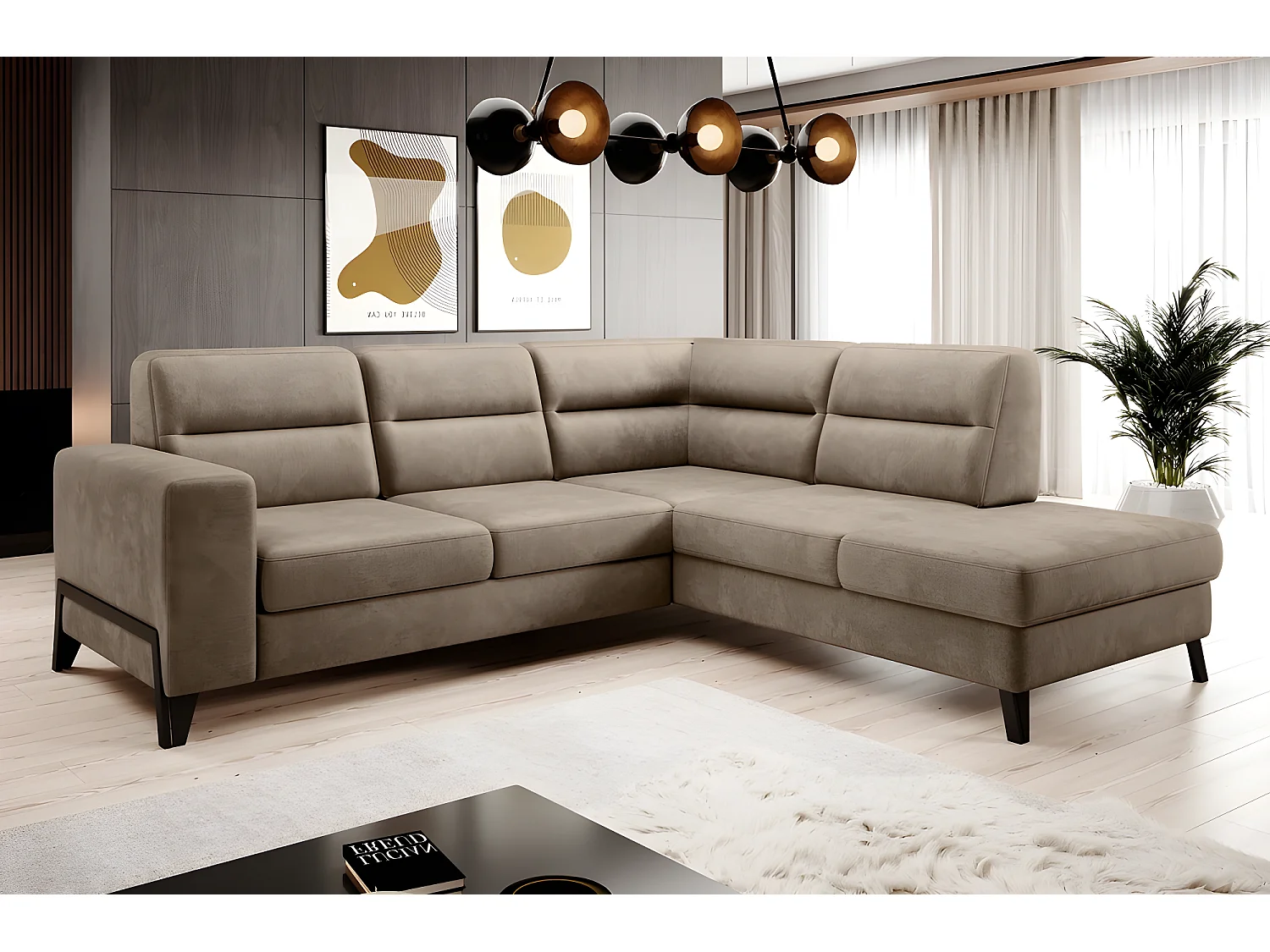 Canapé d'angle convertible - CASTA VELOURS - en tissu Luxe, beige, 5/6 places, angle droit (vu de face)