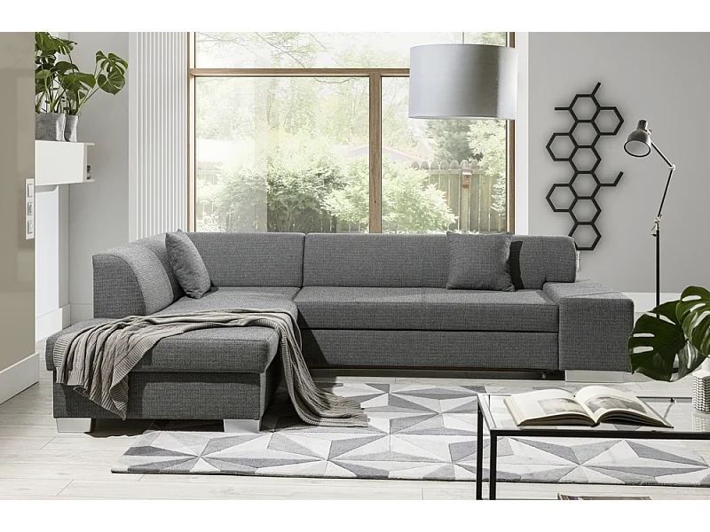 Canapé d'angle convertible en tissu luxe 5 places, coffre - gris clair, angle gauche (vu de face), PORTOFINO