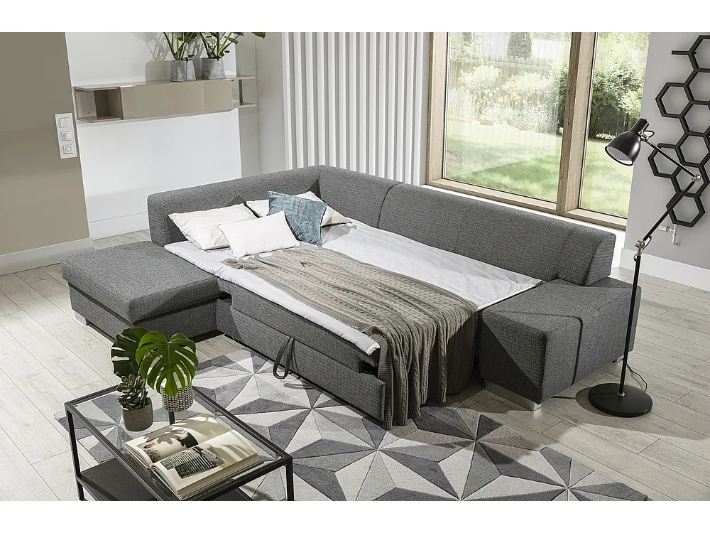 Canapé d'angle convertible en tissu luxe 5 places, coffre - gris clair, angle gauche (vu de face), PORTOFINO