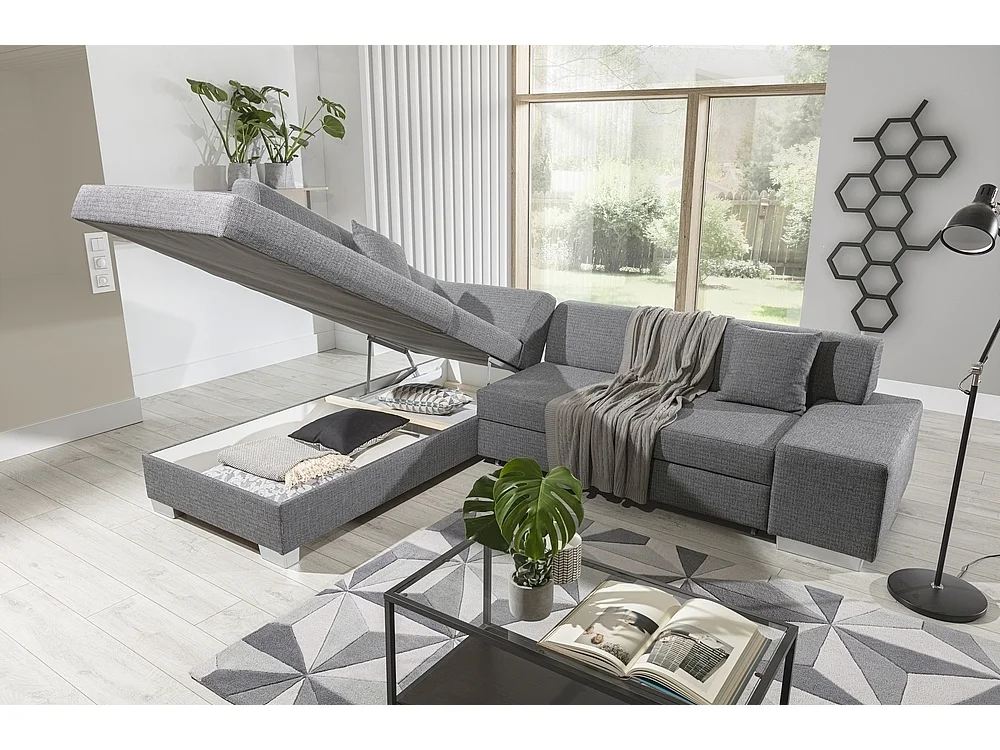 Canapé d'angle convertible en tissu luxe 5 places, coffre - gris clair, angle gauche (vu de face), PORTOFINO