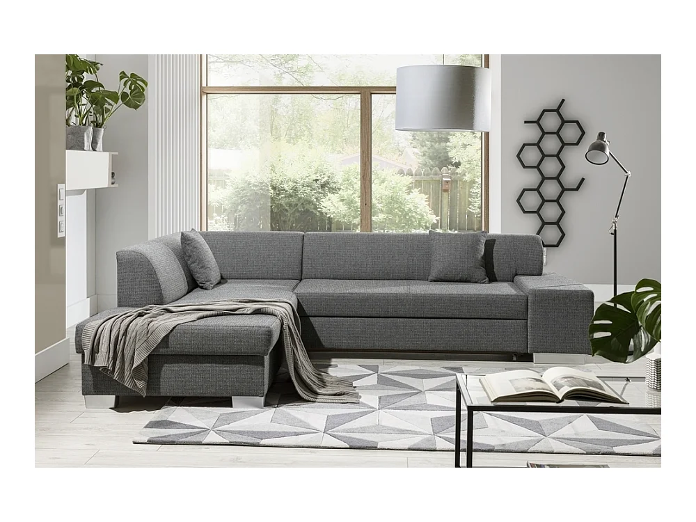 Canapé d'angle convertible en tissu luxe 5 places, coffre - gris clair, angle gauche (vu de face), PORTOFINO